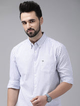 Men's White Casual Striped Button-Down Casual Shirt