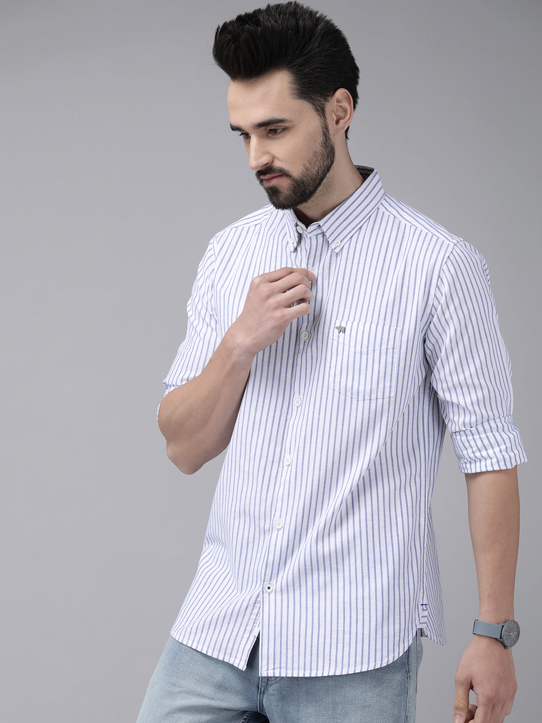 Men's White Casual Striped Button-Down Casual Shirt