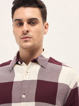 Men's Maroon Casual Regular Fit Checked Full Sleeves Shirt