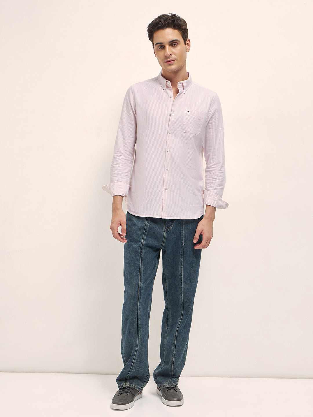 Men's Pink Casual Slim Fit Striped Full Sleeves Shirt