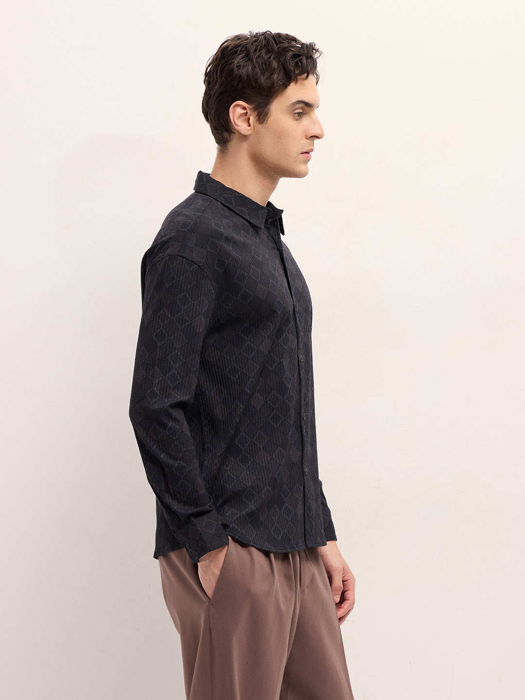 Men's Black Casual Regular Fit Printed Full Sleeves Shirt