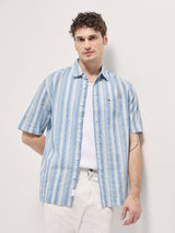 Men's Blue Casual Regular Fit Striped Half Sleeves Shirt