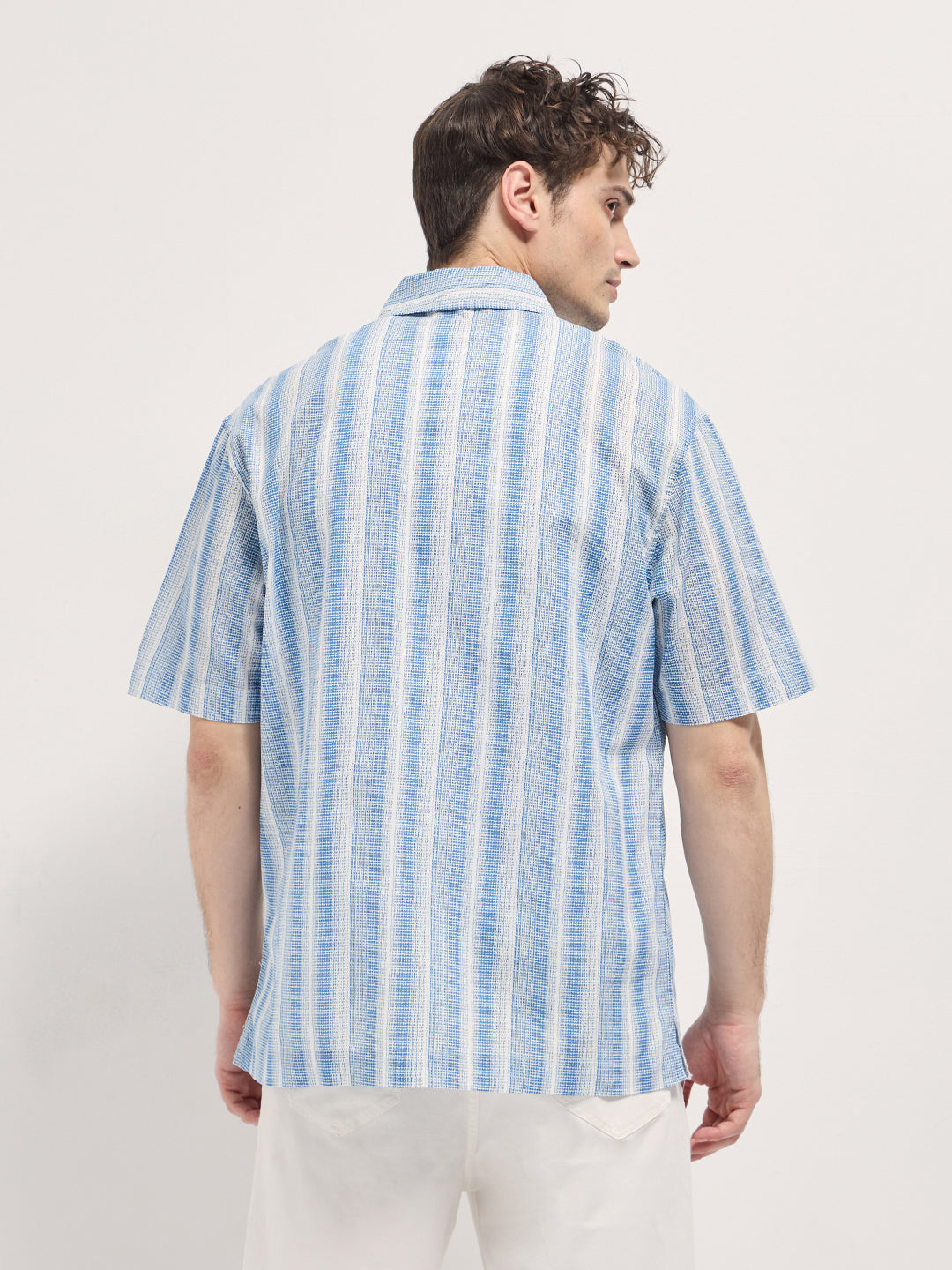 Men's Blue Casual Regular Fit Striped Half Sleeves Shirt