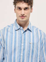 Men's Blue Casual Regular Fit Striped Half Sleeves Shirt