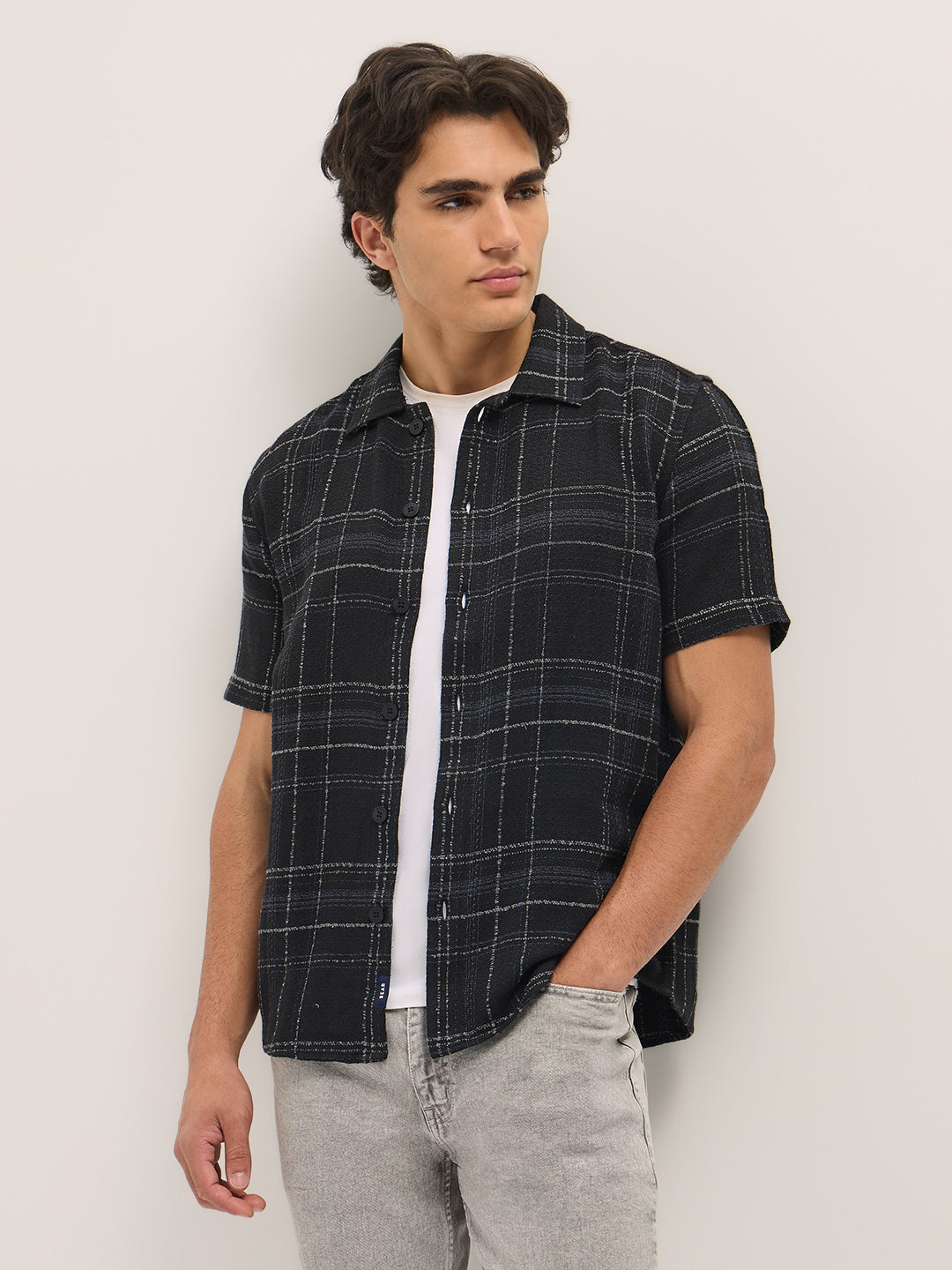 Men's Black Checkered Regular Fit Casual Shirt