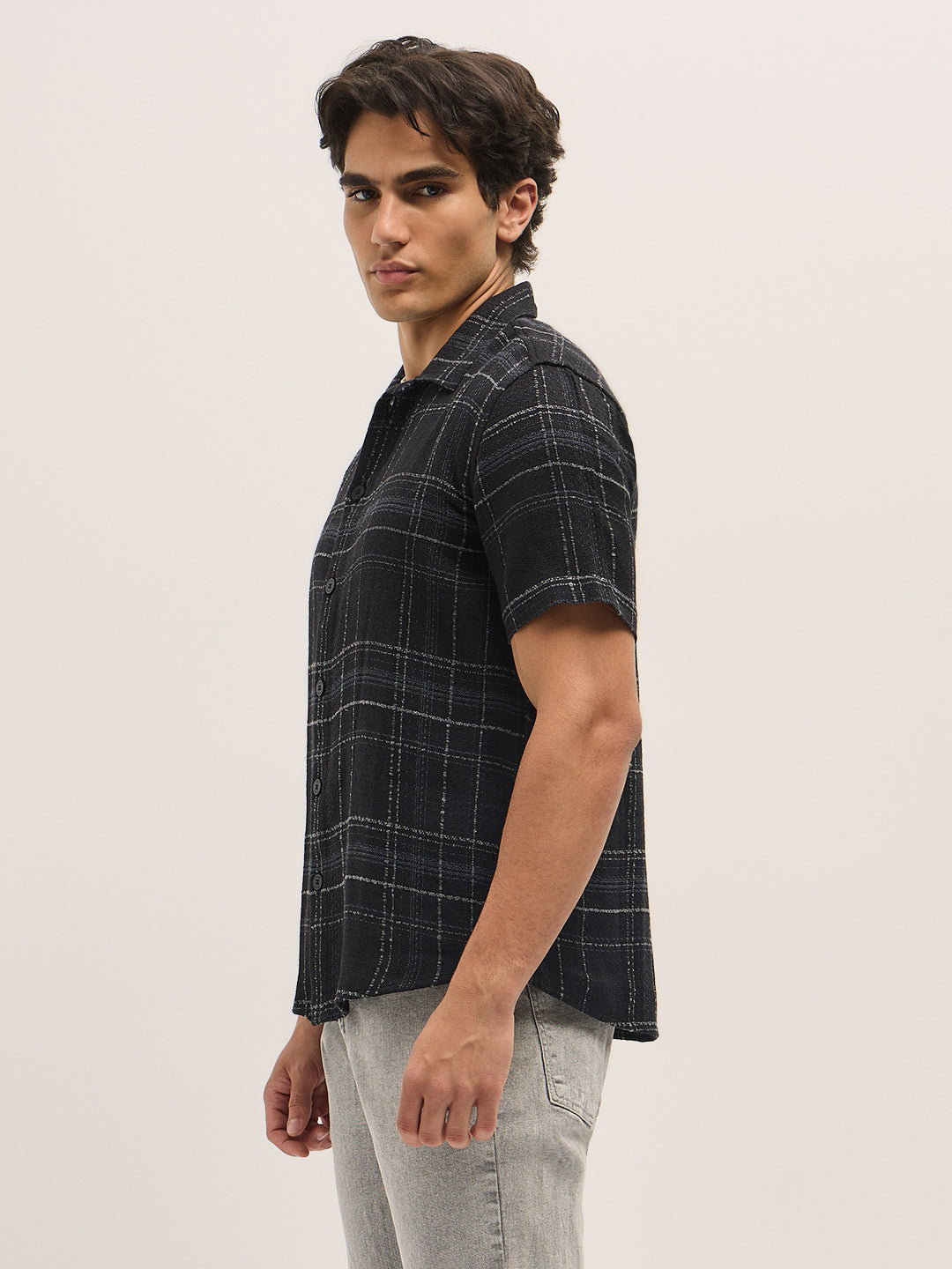 Men's Black Checkered Regular Fit Casual Shirt