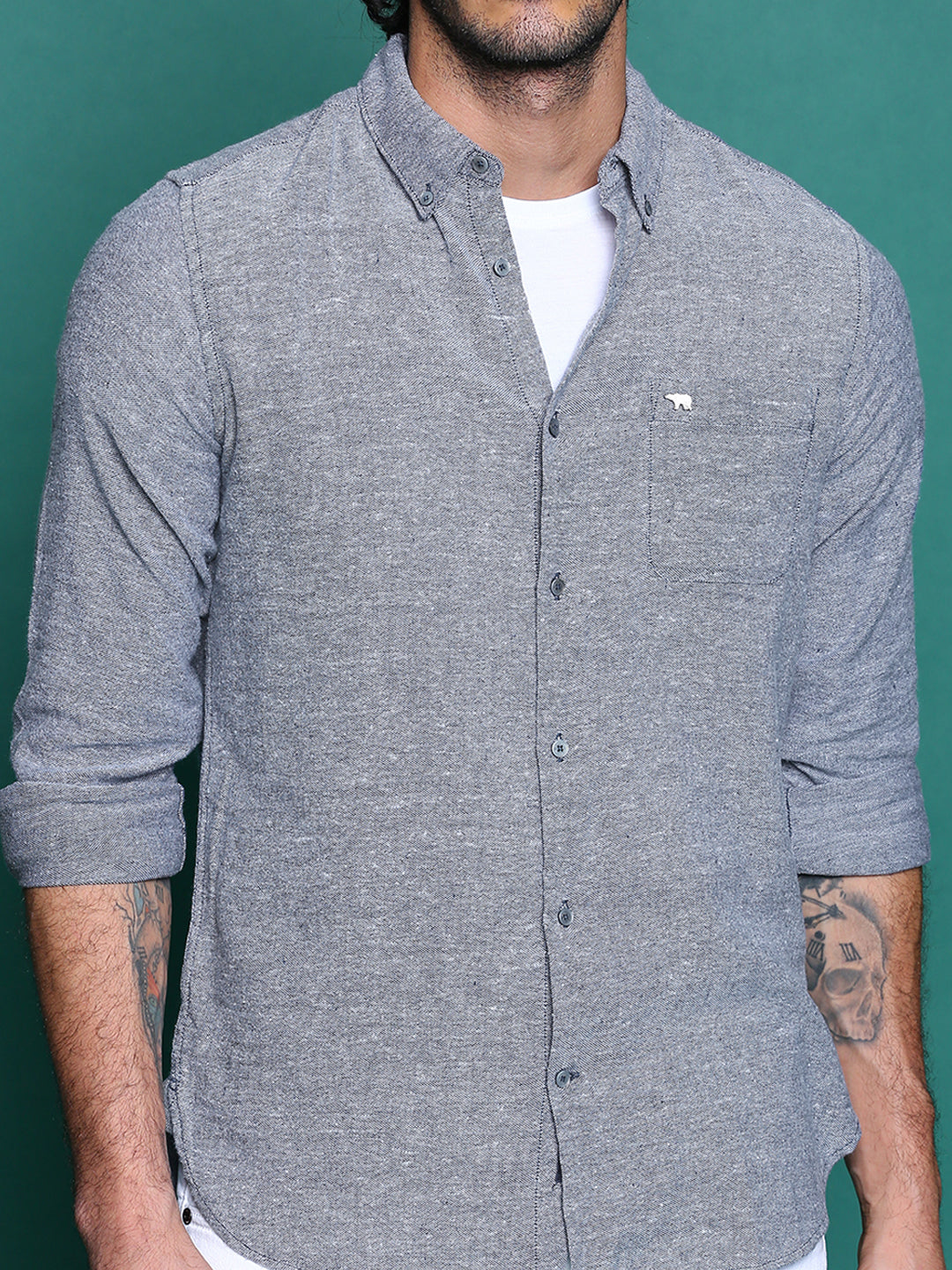 Men's Grey Slim Fit Solid Casual Shirt