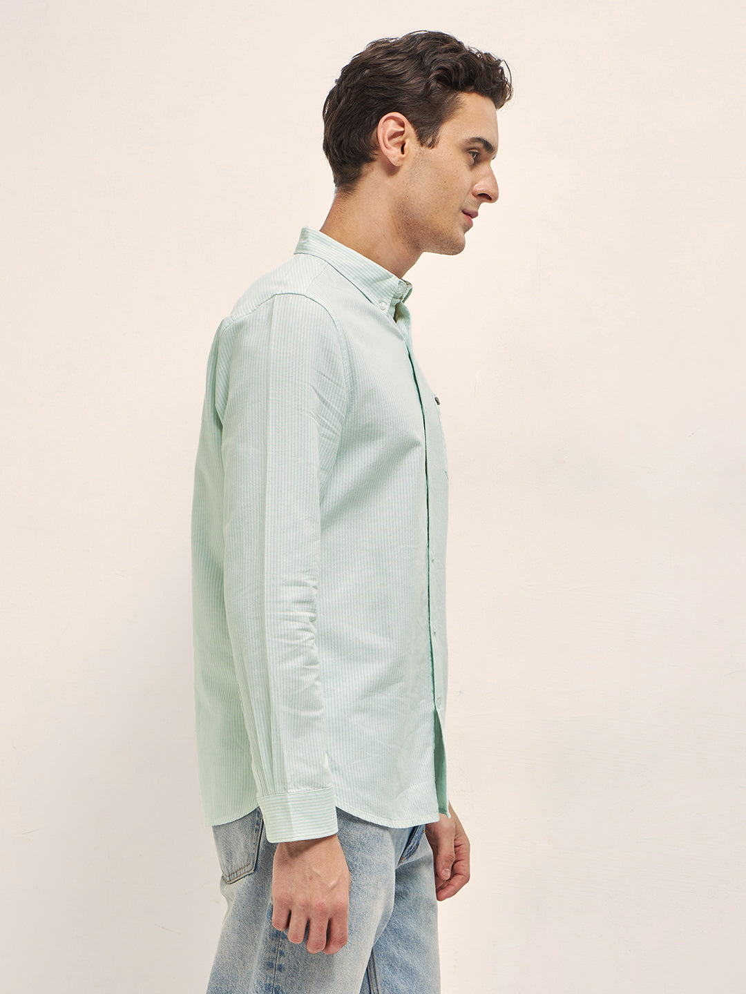 Men's Green Casual Slim Fit Striped Full Sleeves Shirt