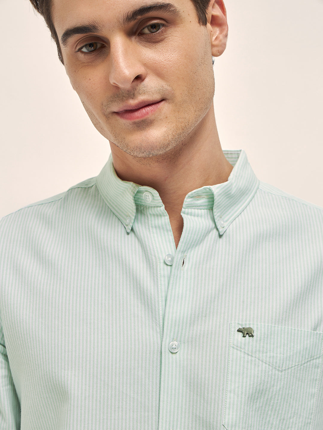 Men's Green Casual Slim Fit Striped Full Sleeves Shirt