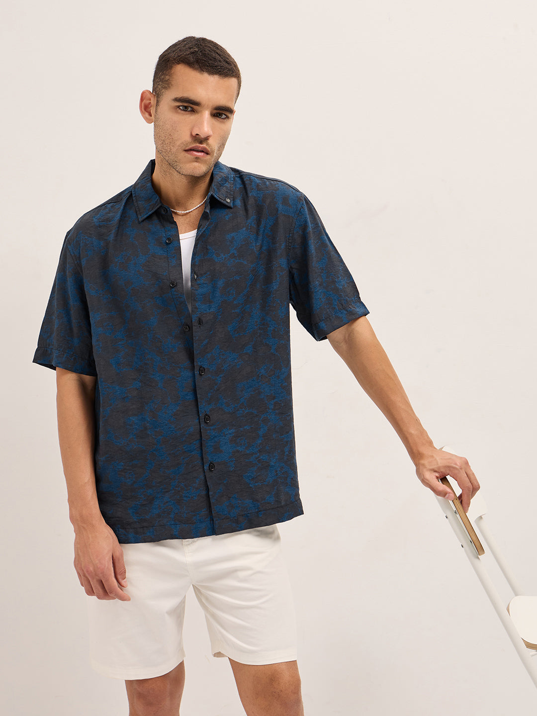 Men's Blue Casual Regular Fit Printed Half Sleeves Shirt