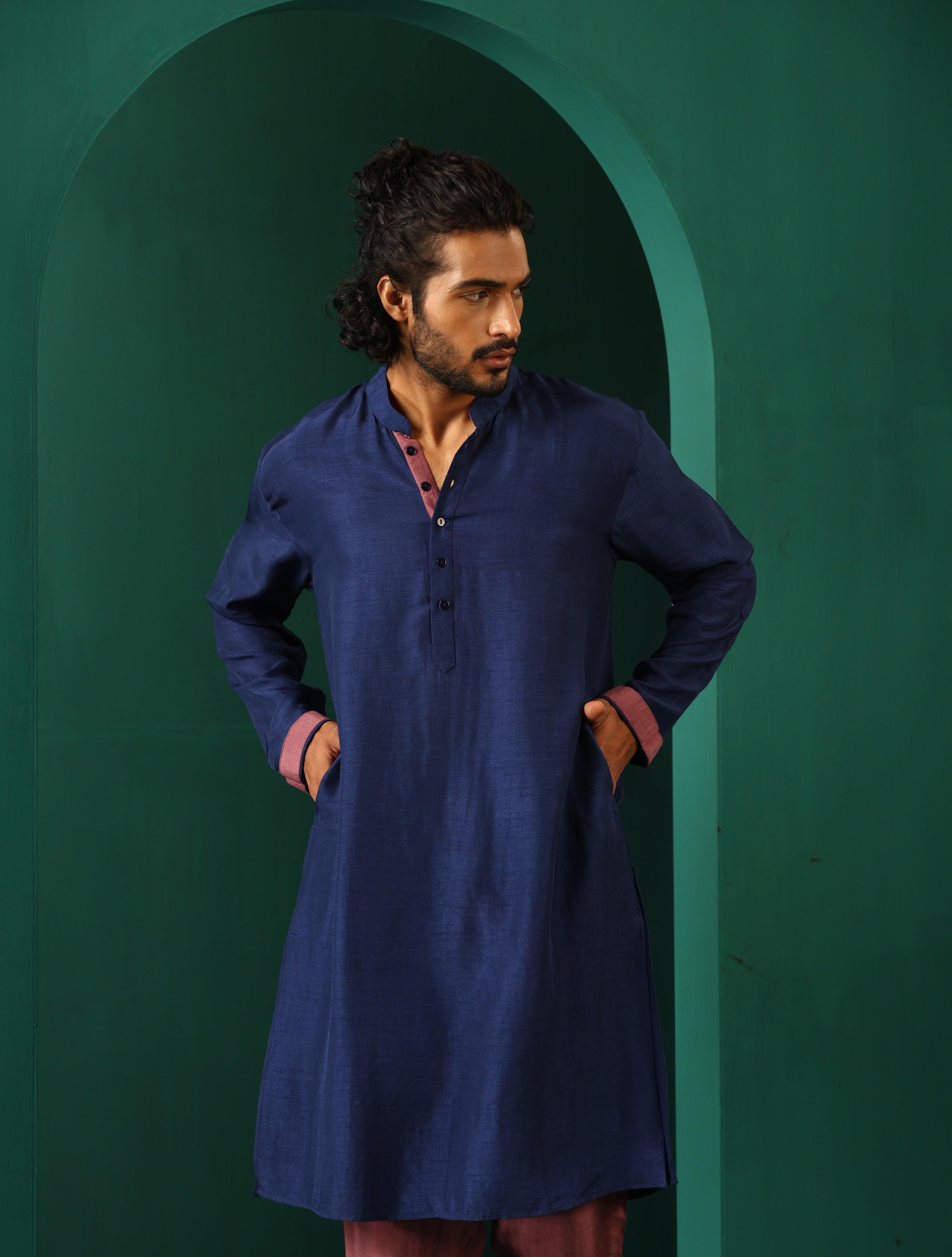 Men's Blue Silk Long Kurta