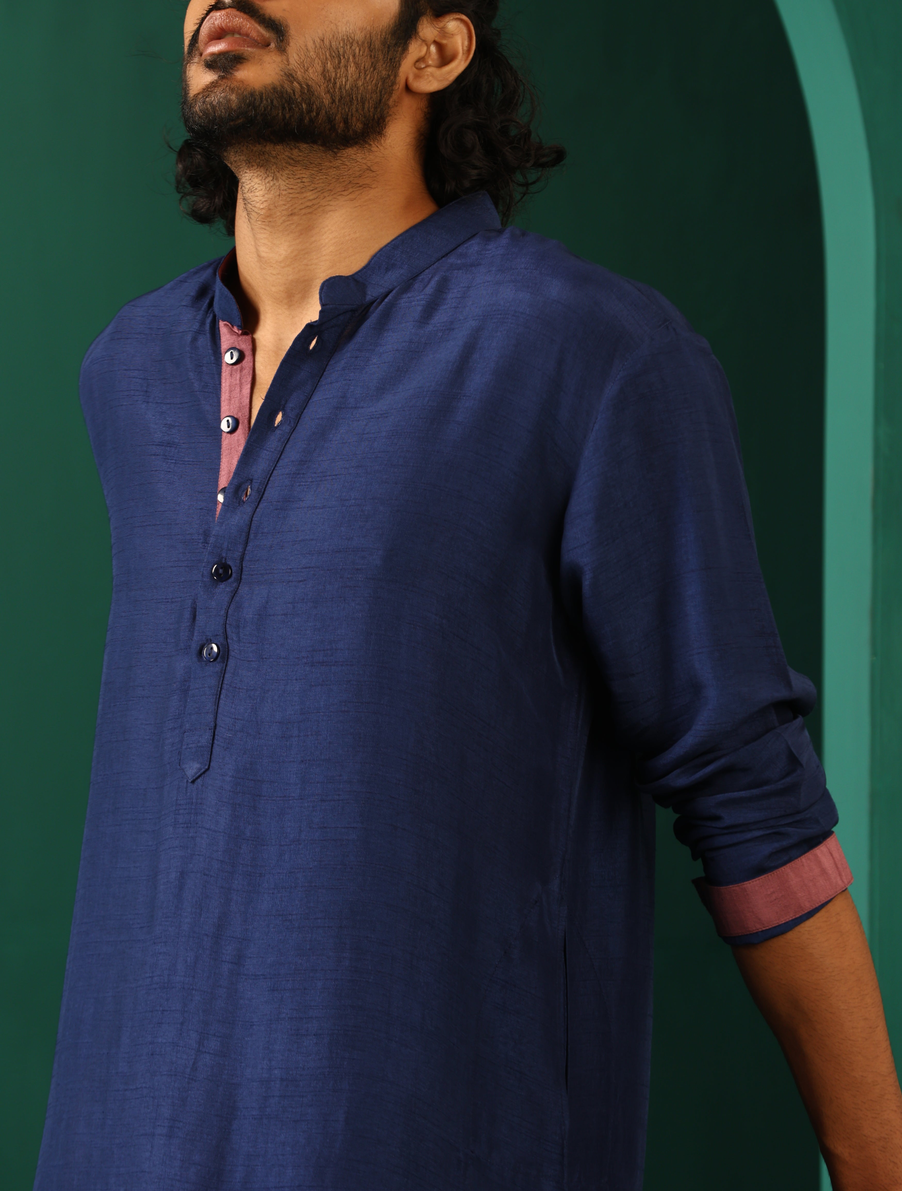 Men's Blue Silk Long Kurta