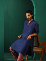 Men's Blue Silk Long Kurta