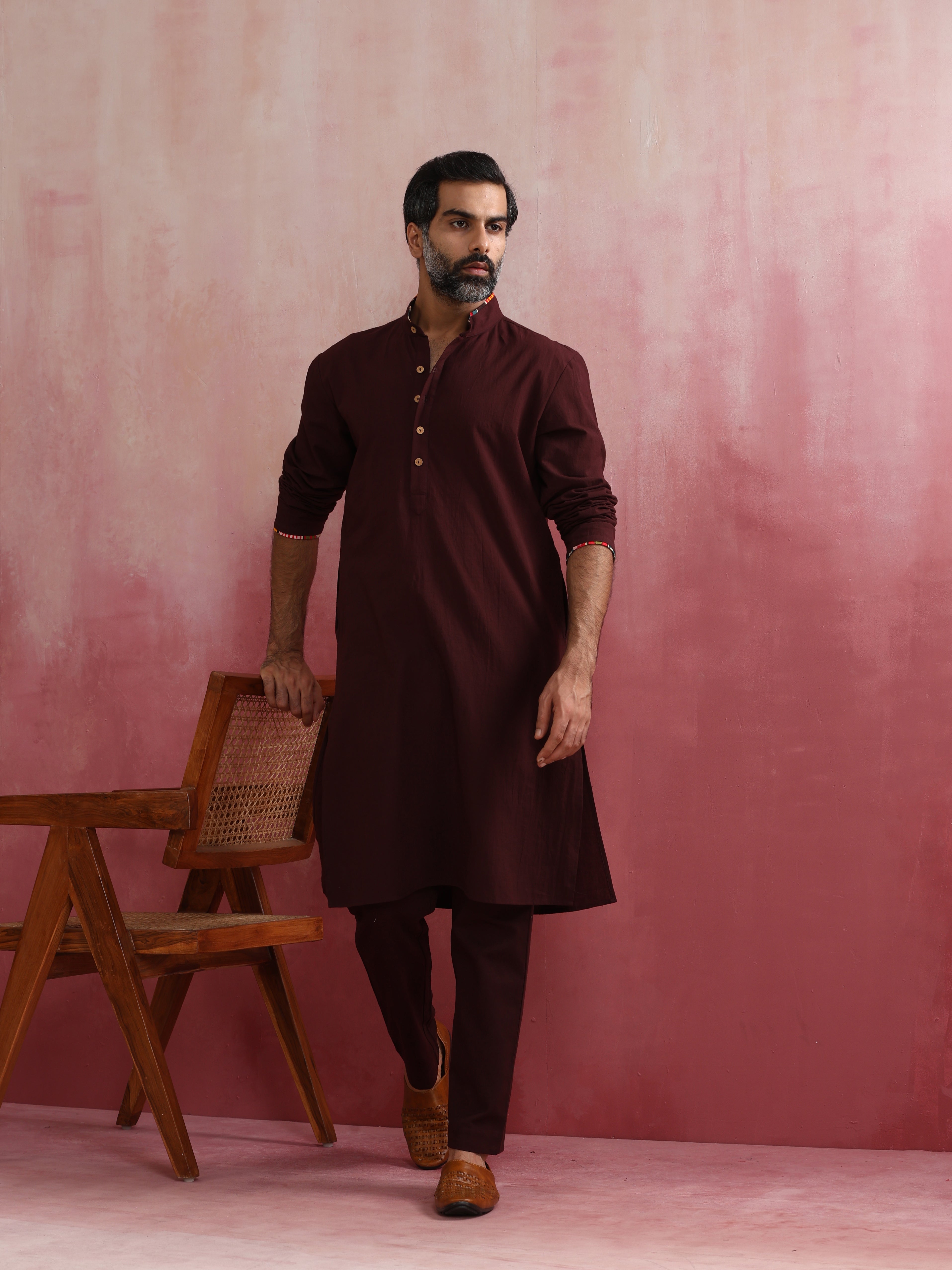Men's Brown Cola Cotton Linen Festive Kurta