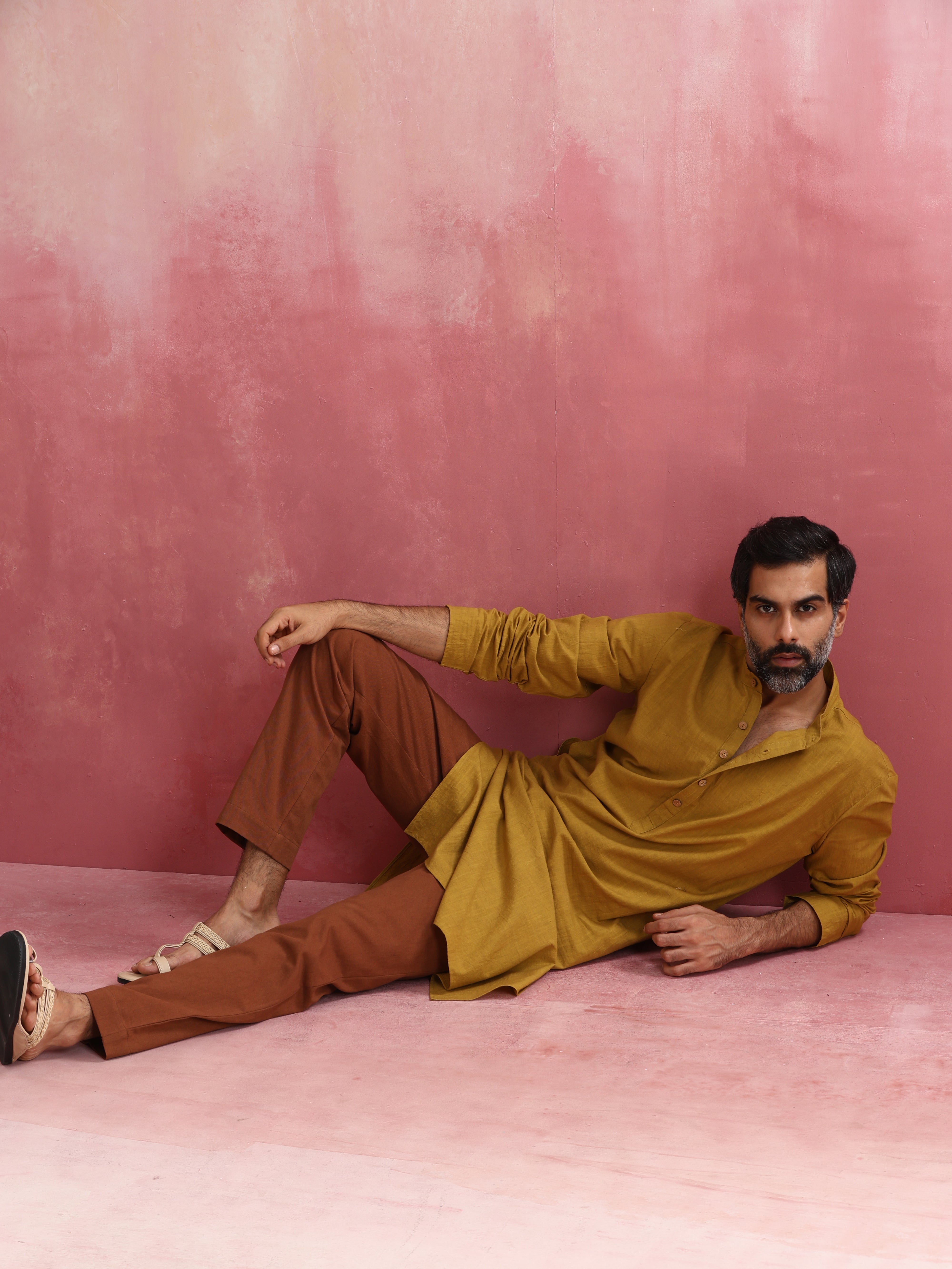 Men's Mustard Cotton Linen Festive Kurta
