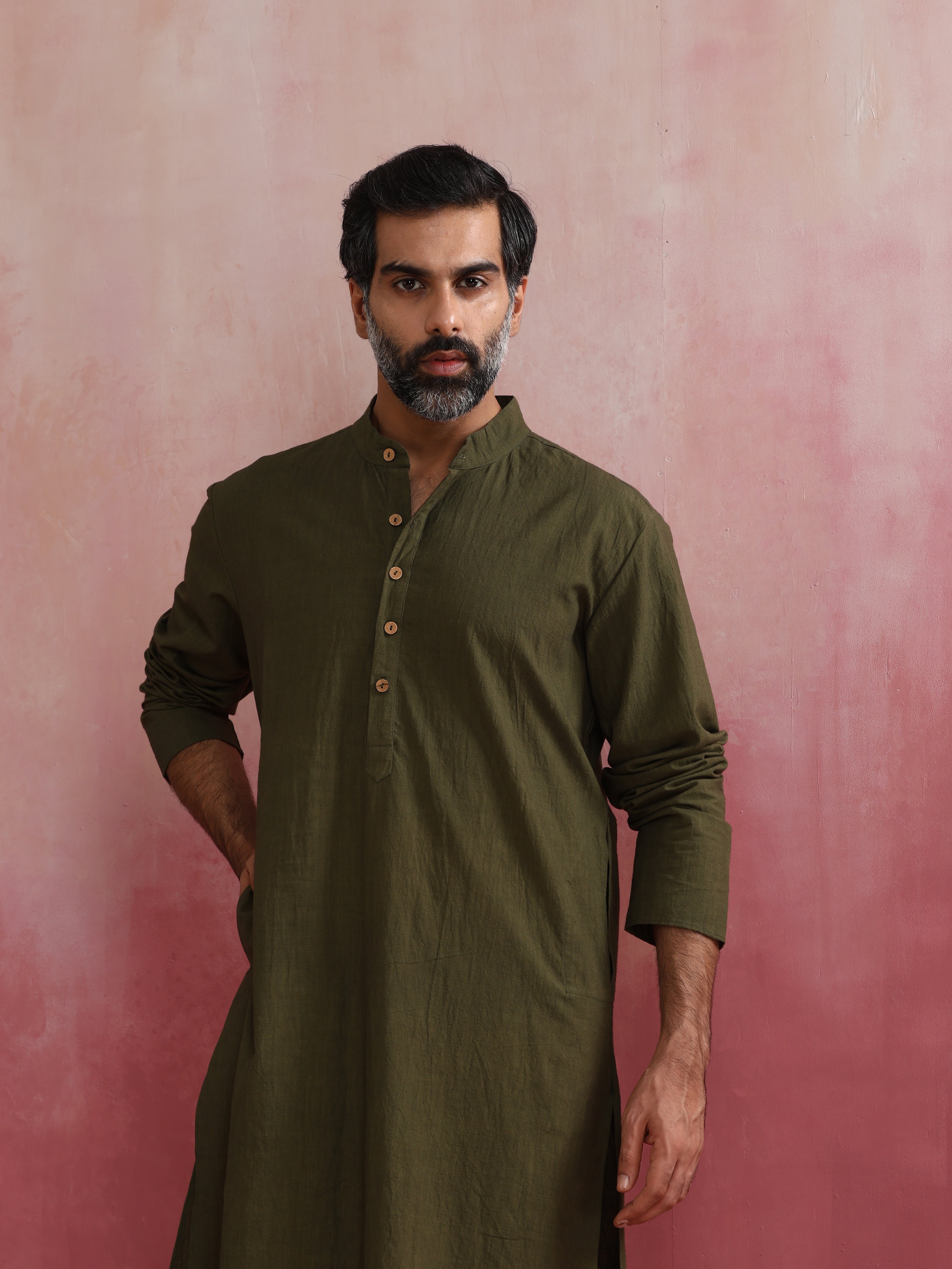Men's Olive Cotton Linen Festive Kurta