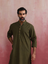 Men's Olive Cotton Linen Festive Kurta