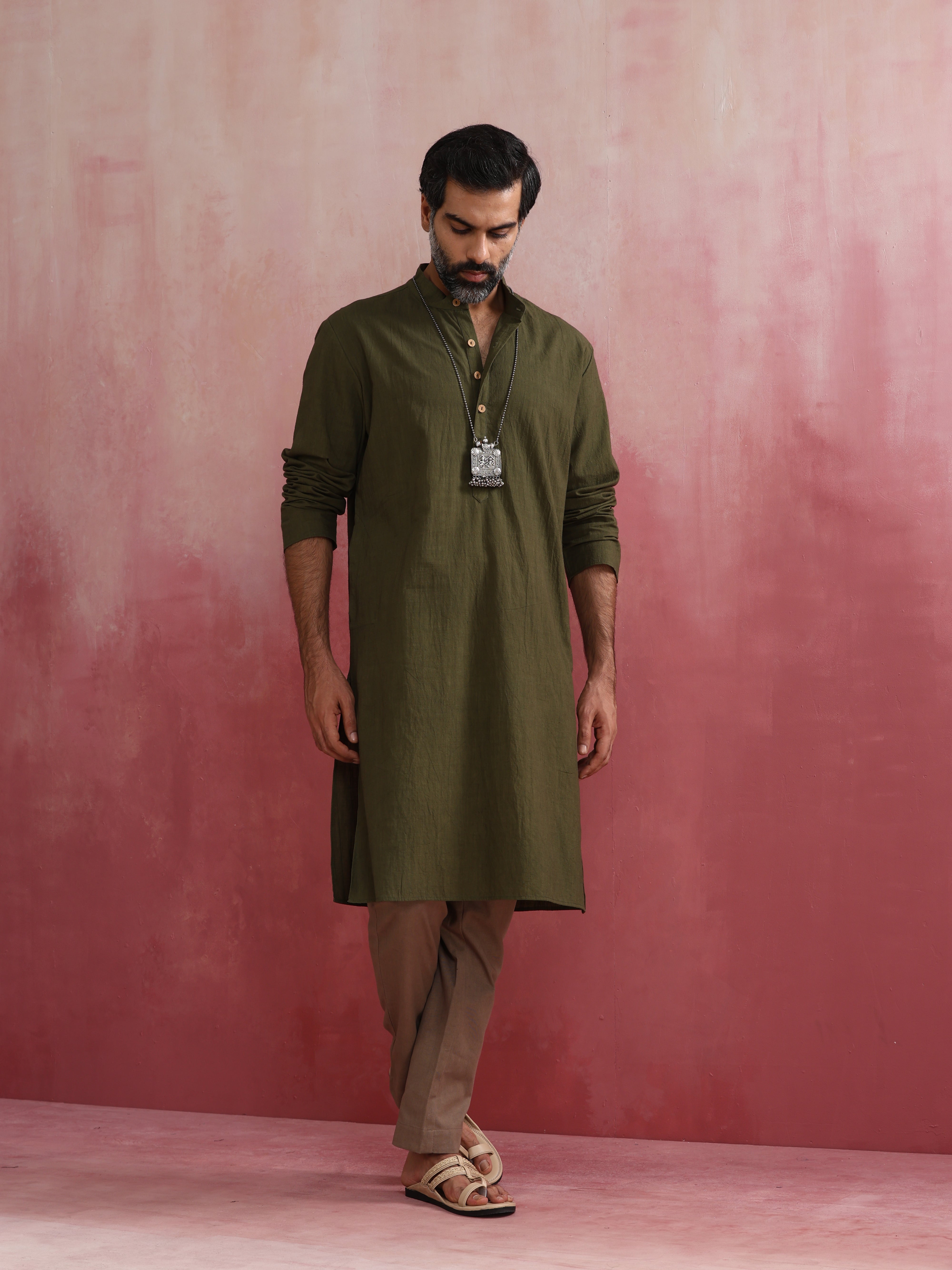 Men's Olive Cotton Linen Festive Kurta