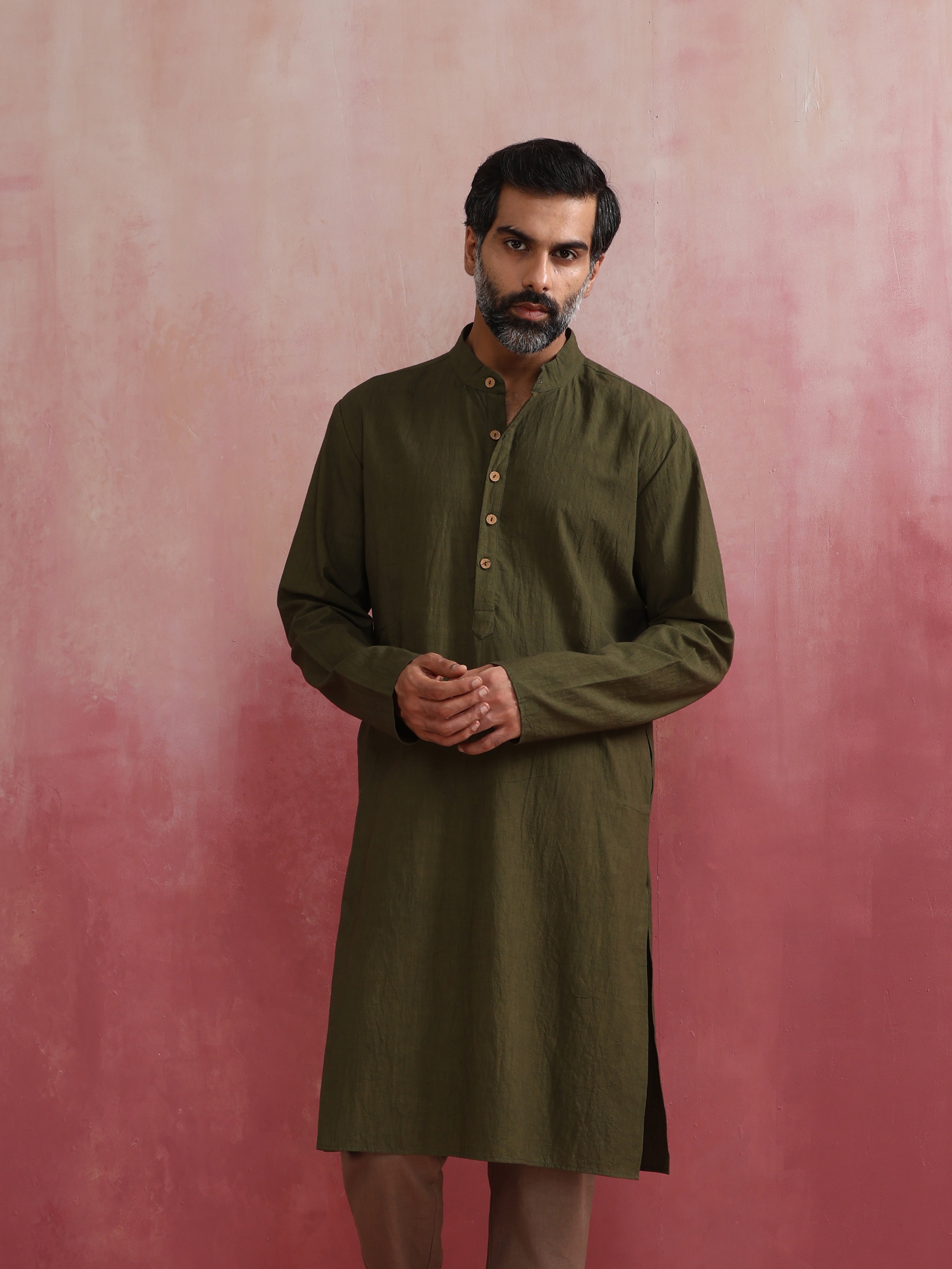 Men's Olive Cotton Linen Festive Kurta