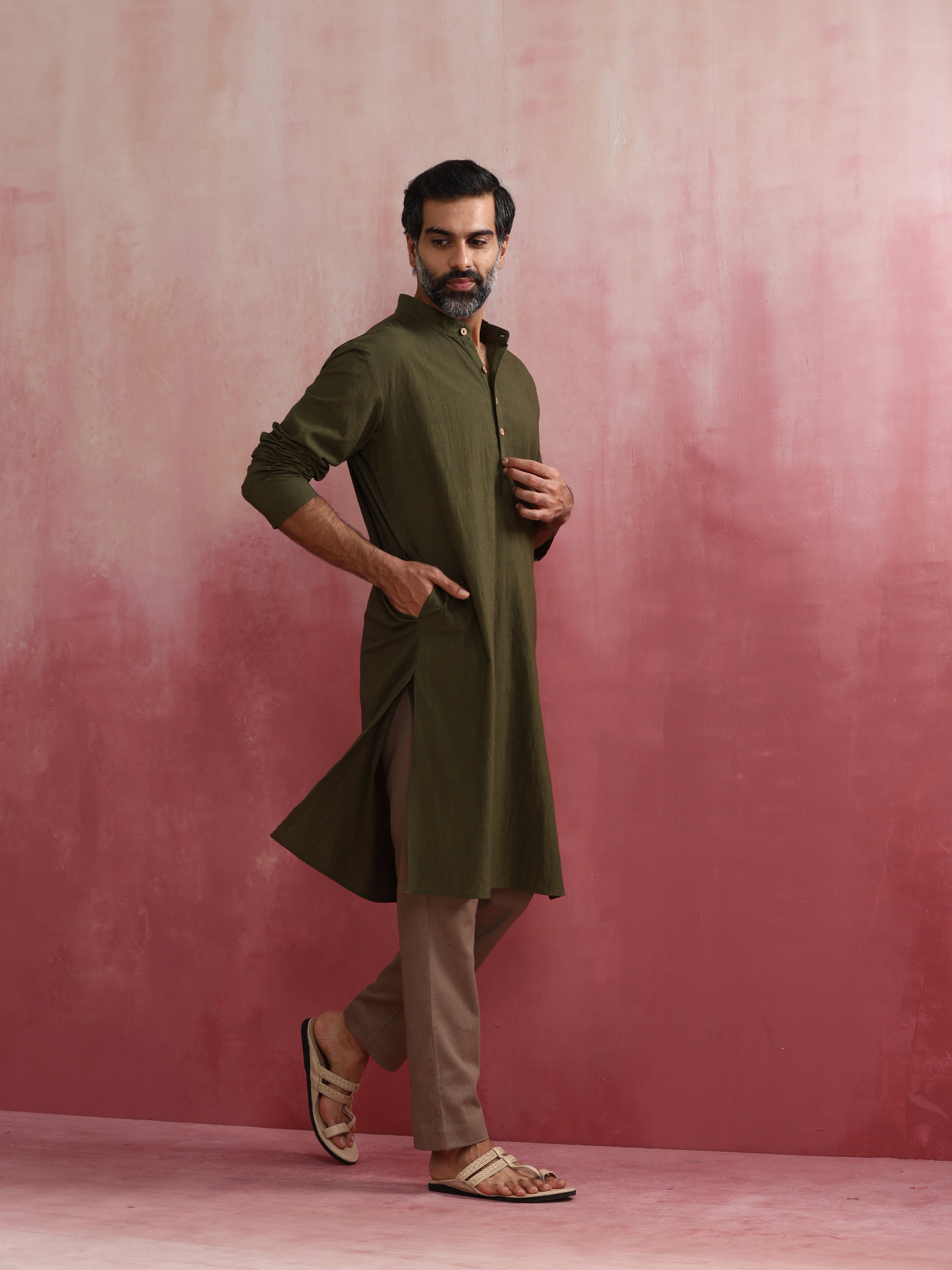 Men's Olive Cotton Linen Festive Kurta