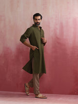Men's Olive Cotton Linen Festive Kurta