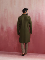Men's Olive Cotton Linen Festive Kurta