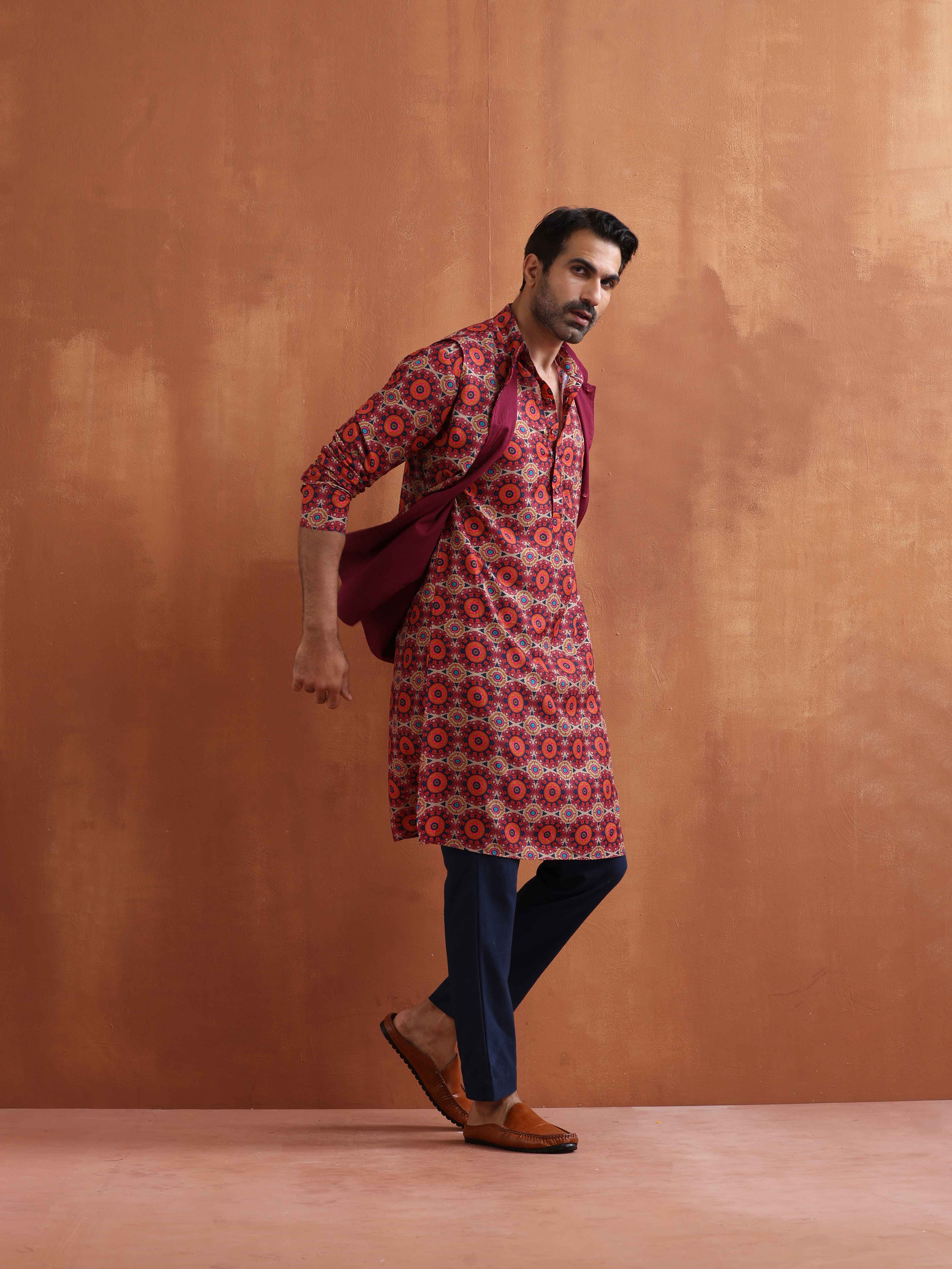Men's Beige Printed Kurta