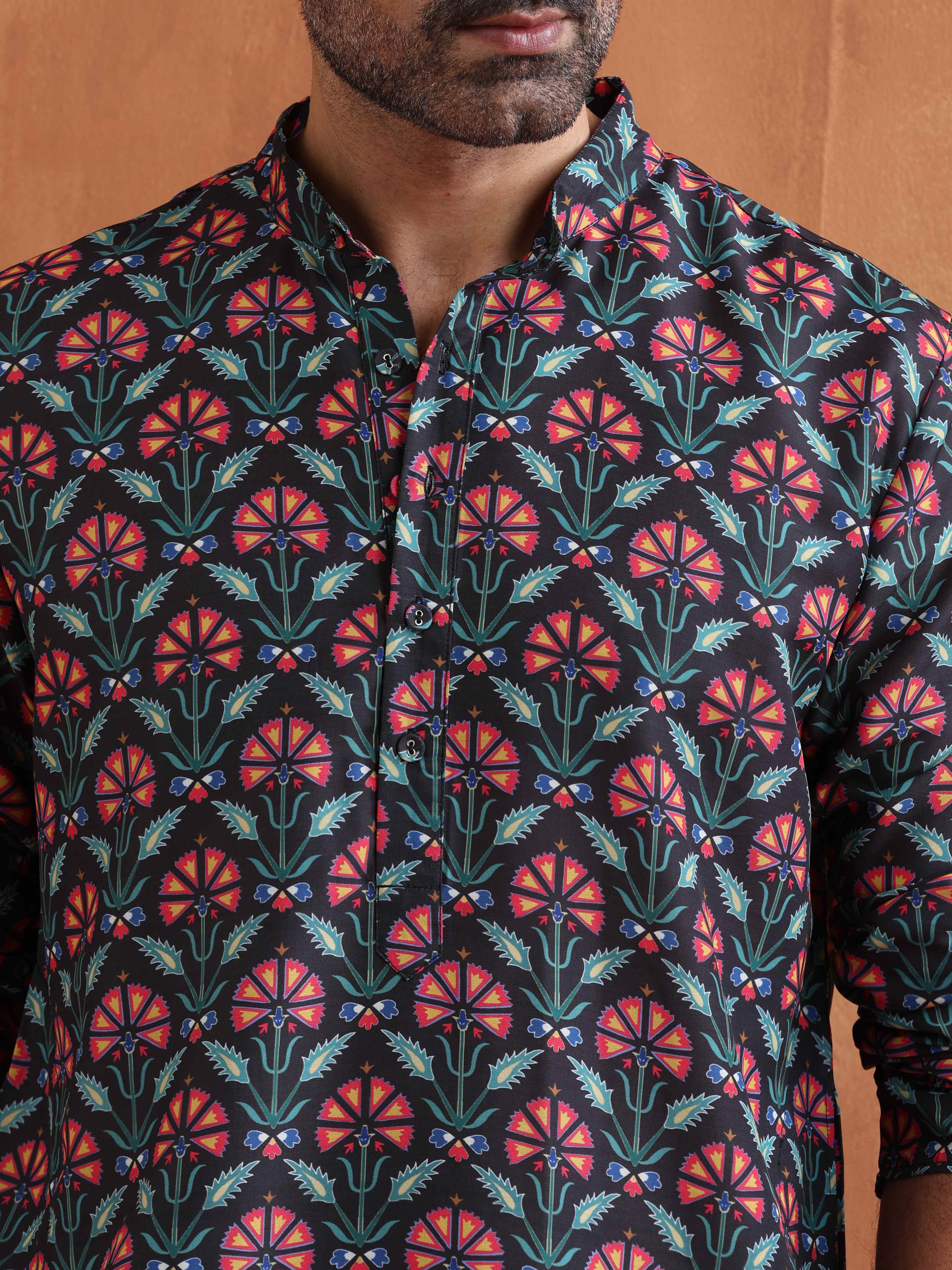 Men's Black Floral Printed Kurta