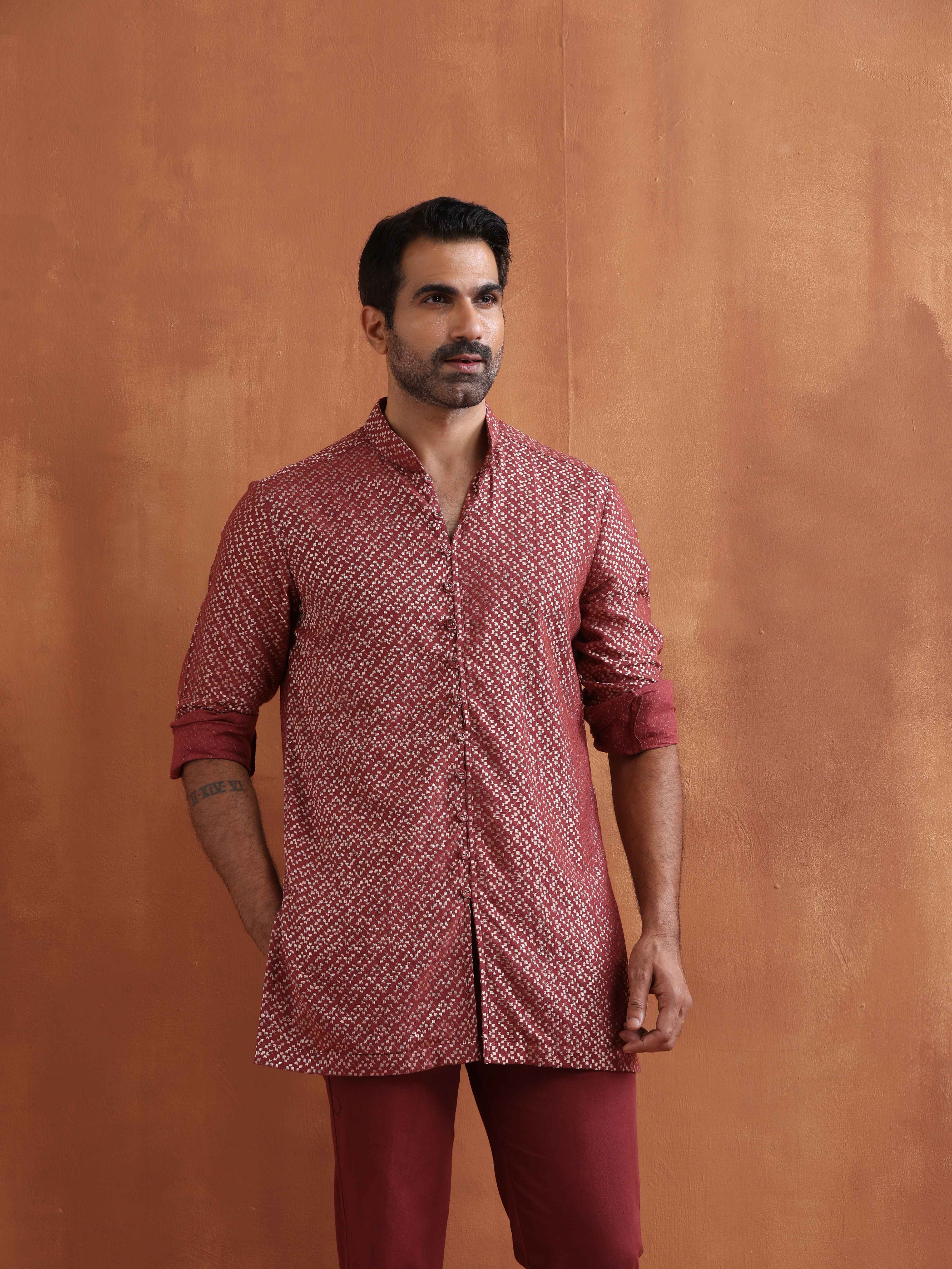 Men's Rust Cotton Dobby Short Kurta