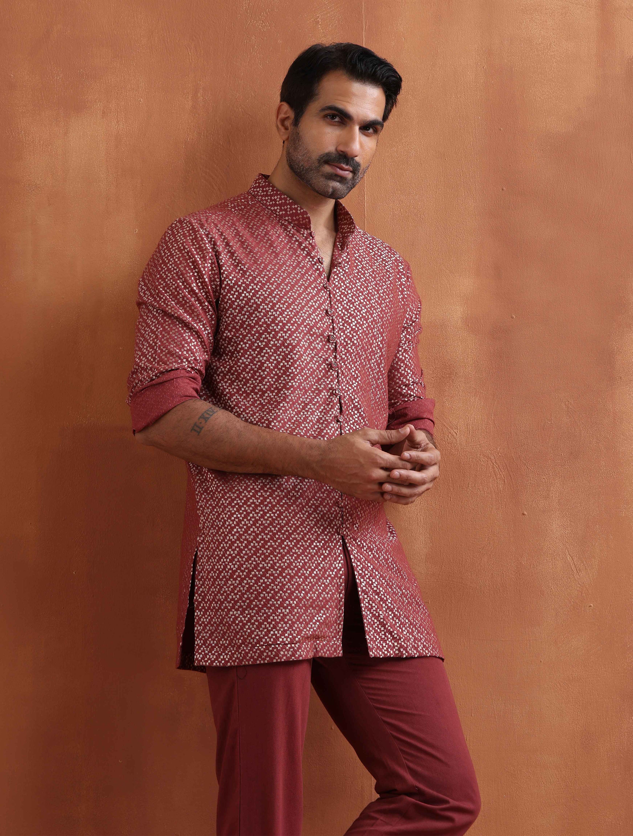 Men's Rust Cotton Dobby Short Kurta