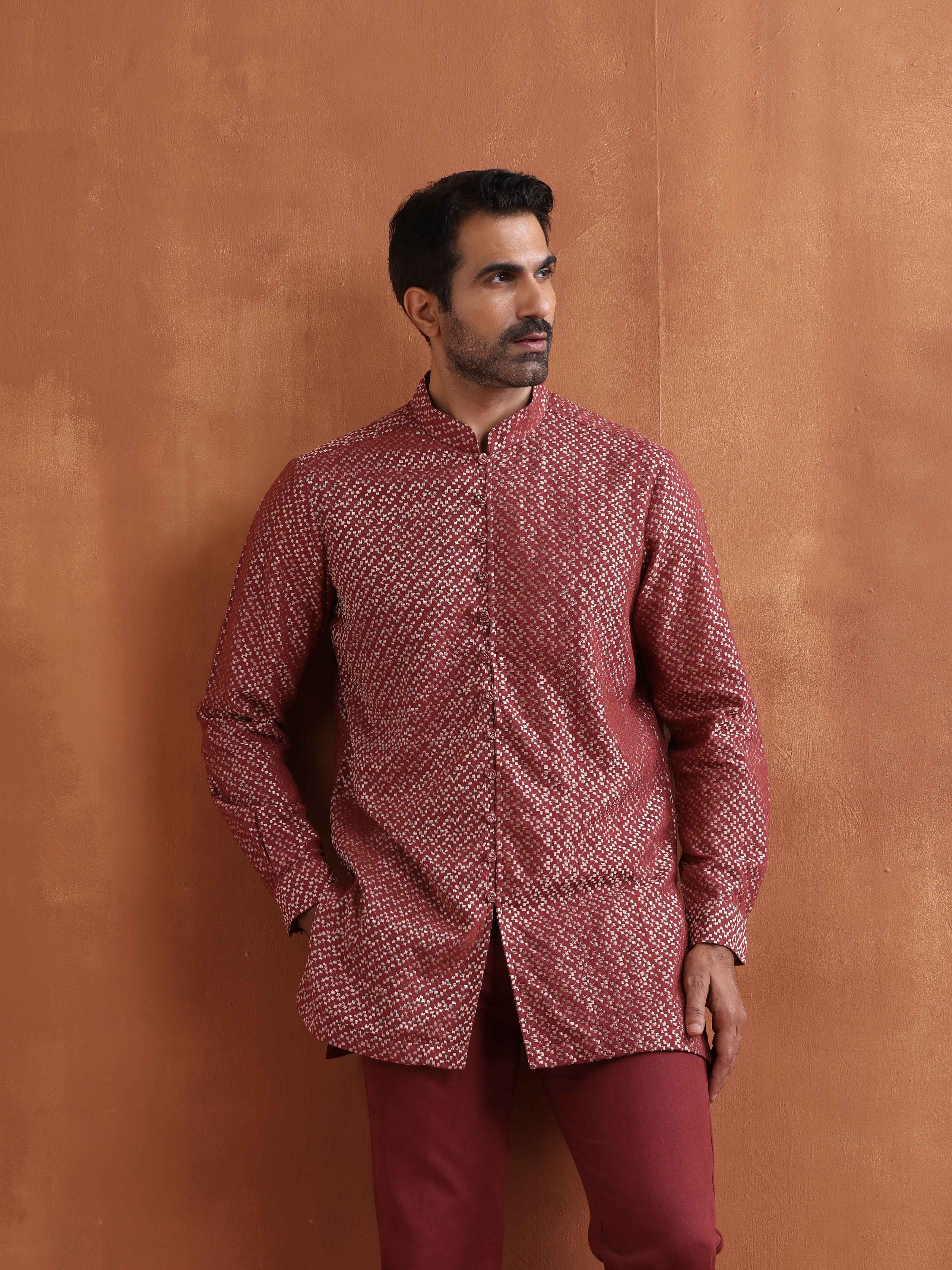Men's Rust Cotton Dobby Short Kurta