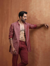 Men's Rust Cotton Dobby Short Kurta