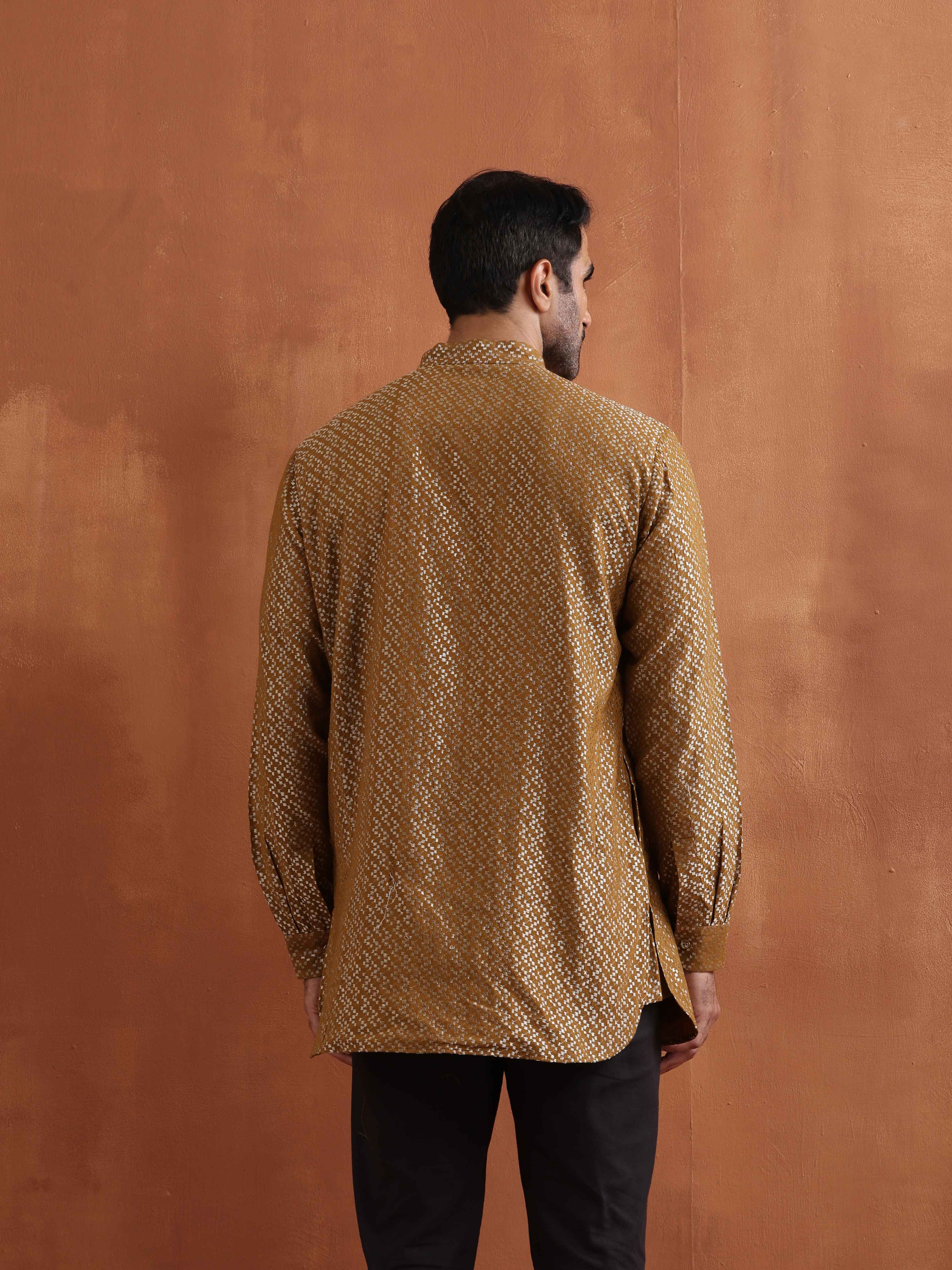 Men's Mustard Cotton Dobby Short Kurta