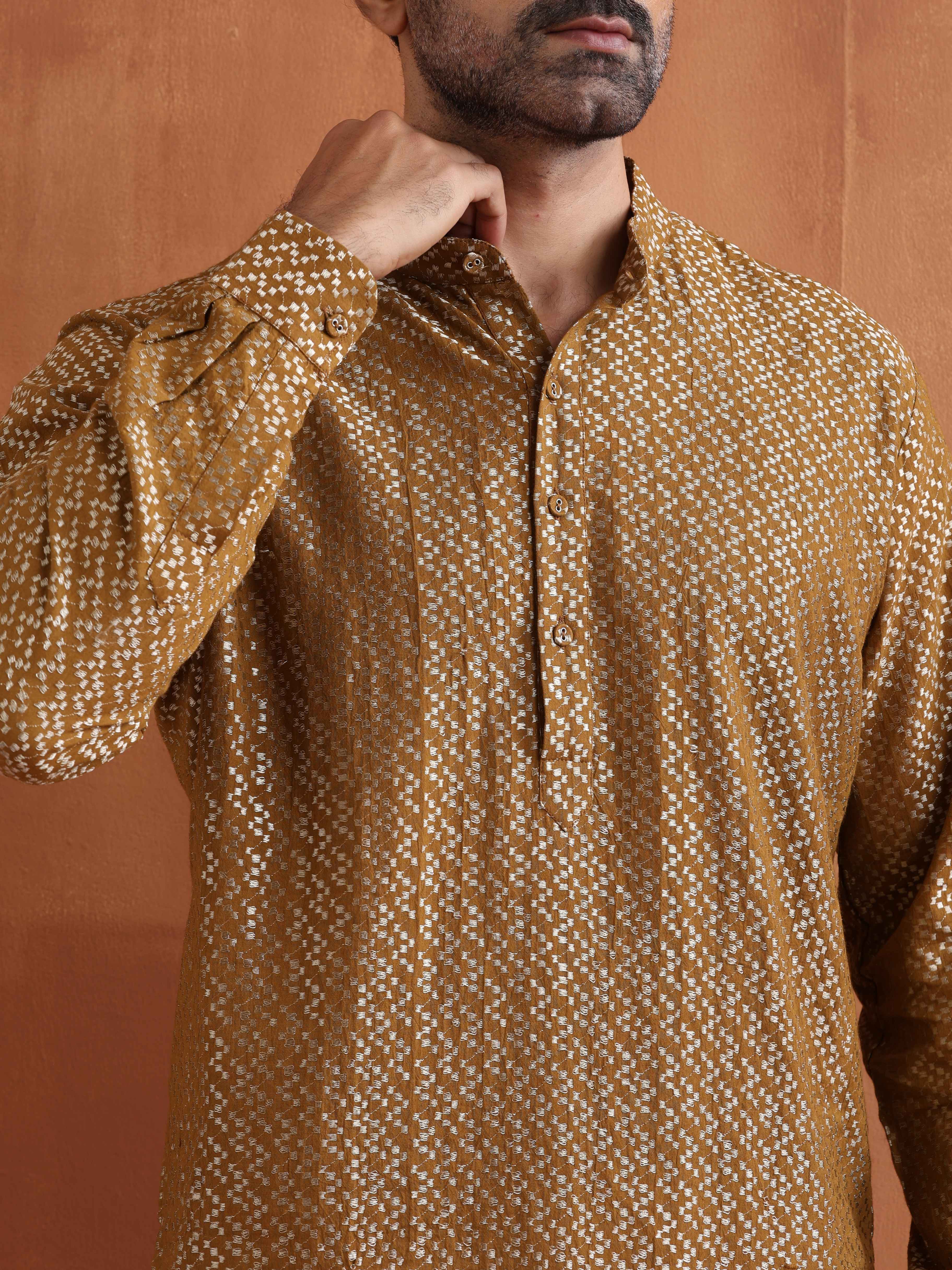 Men's Mustard Cotton Dobby Short Kurta