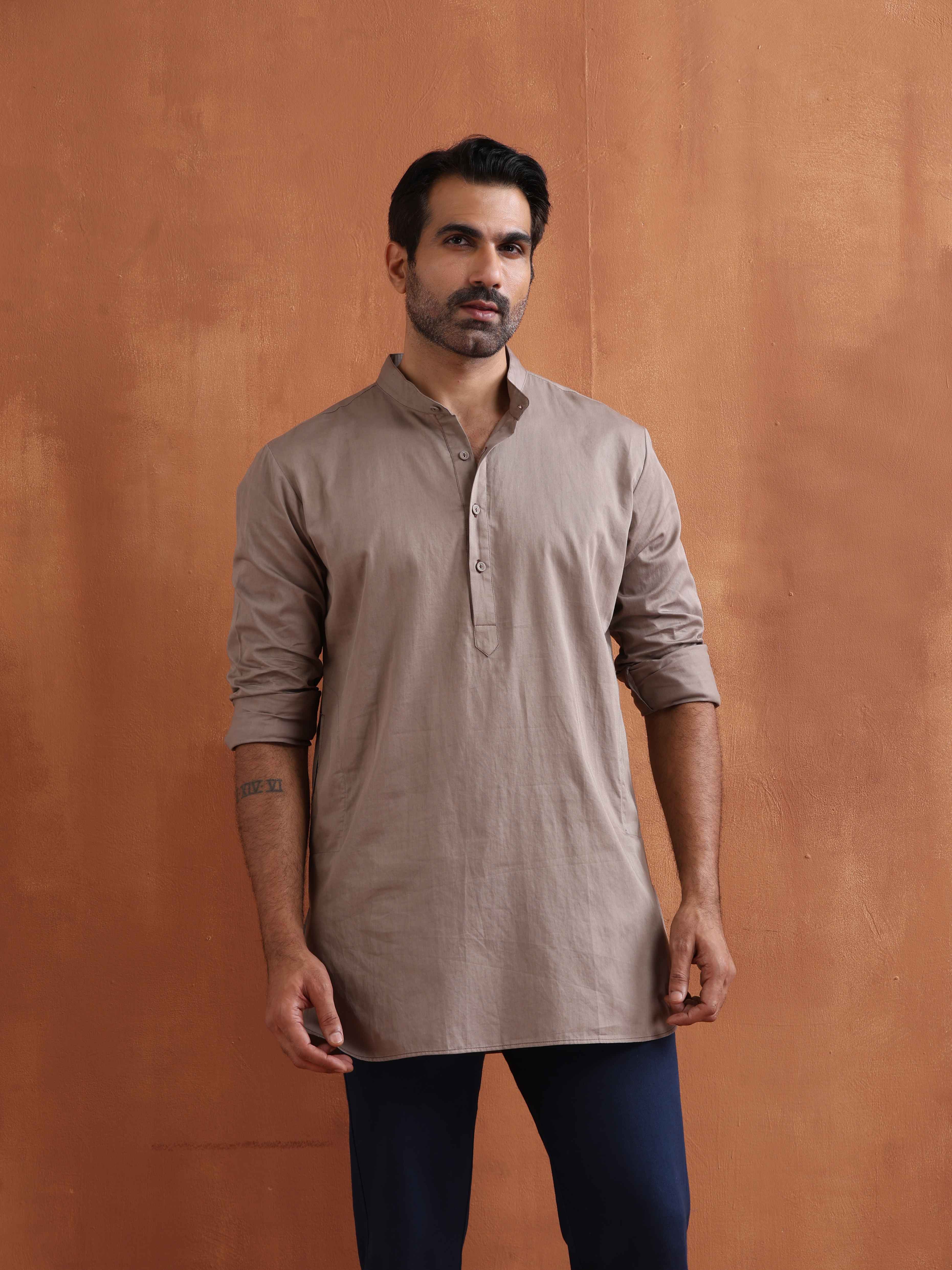 Men's Beige Cotton Short Kurta