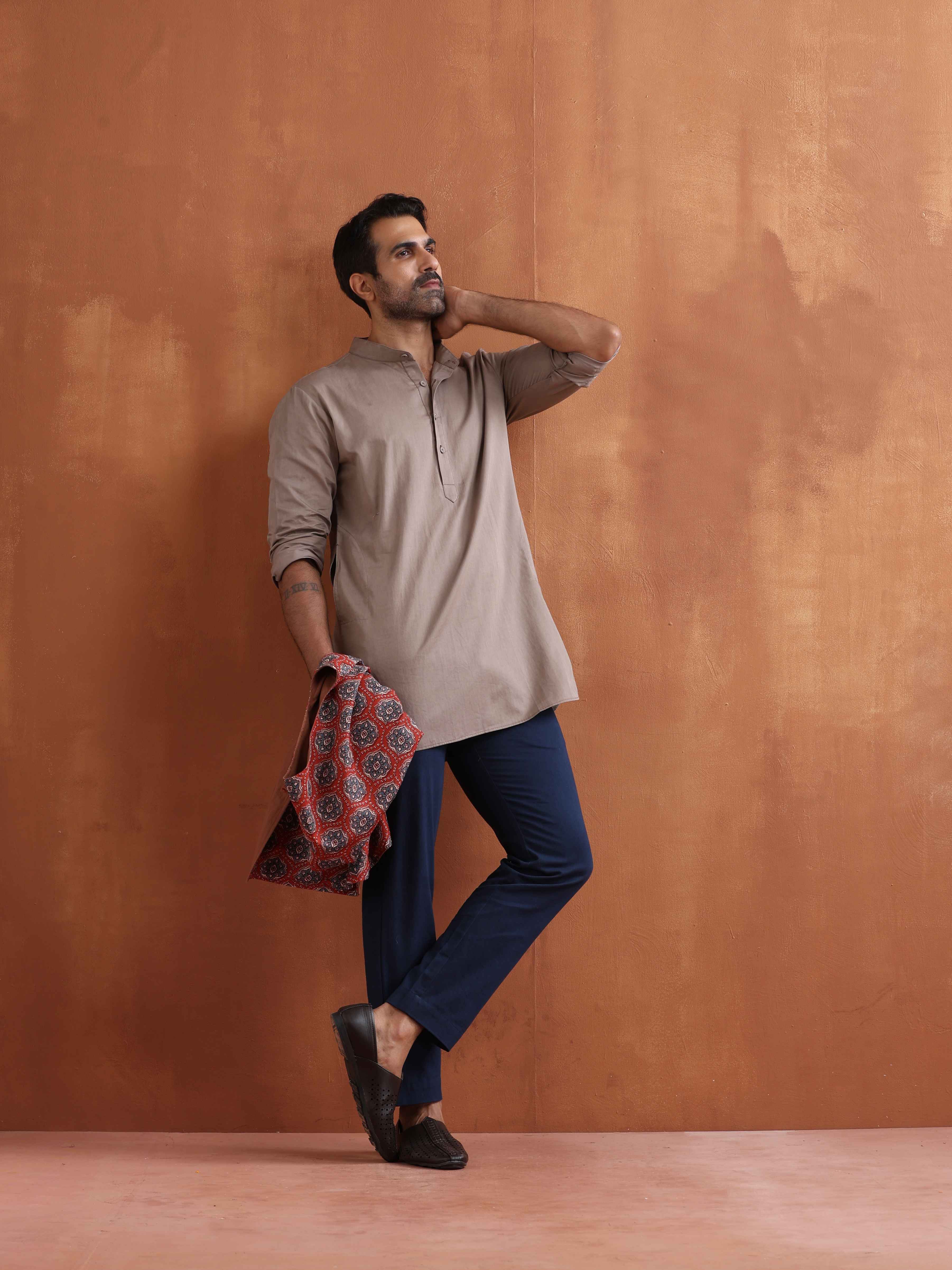 Men's Beige Cotton Short Kurta