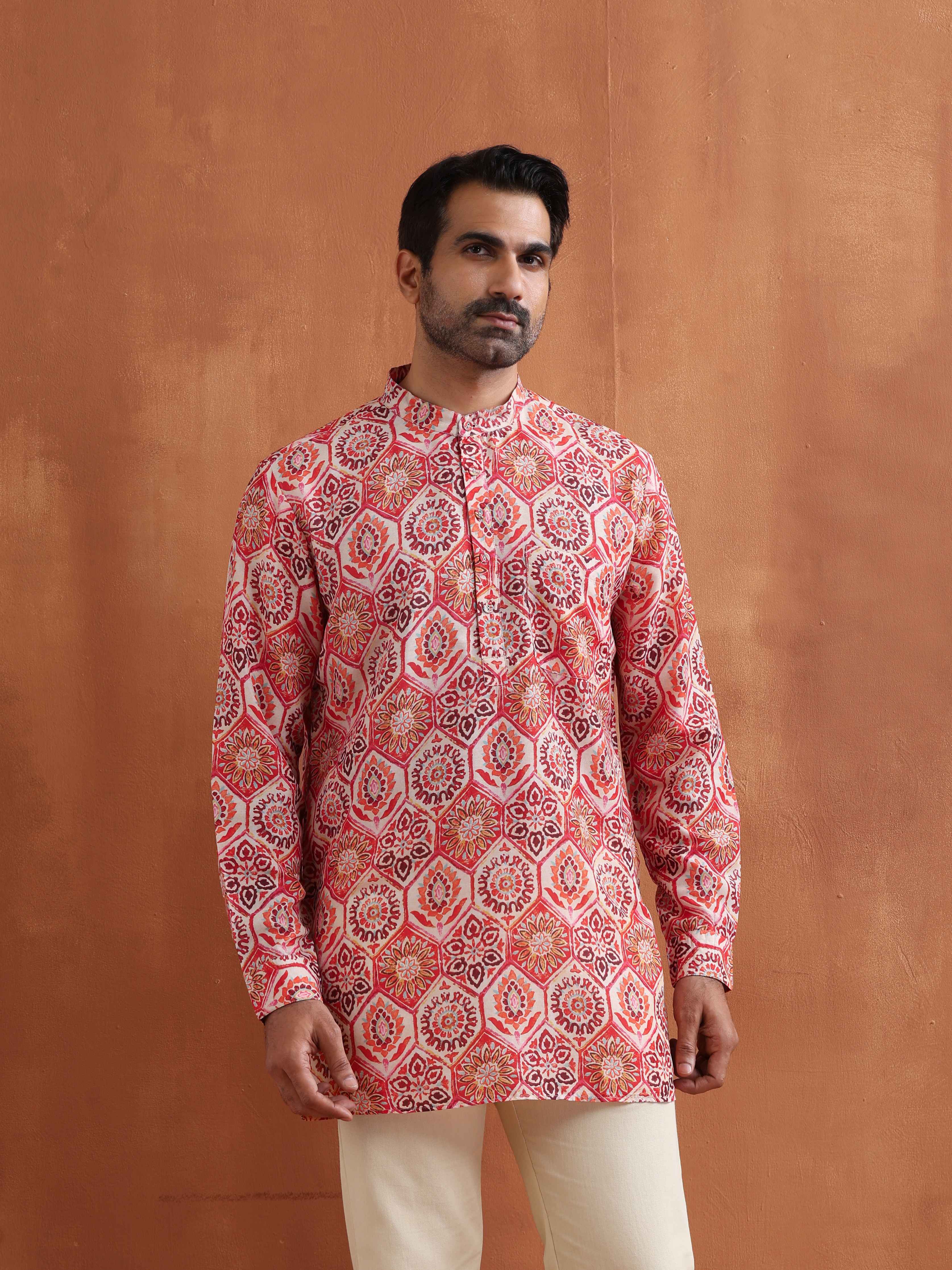 Men's Beige Printed Short Kurta