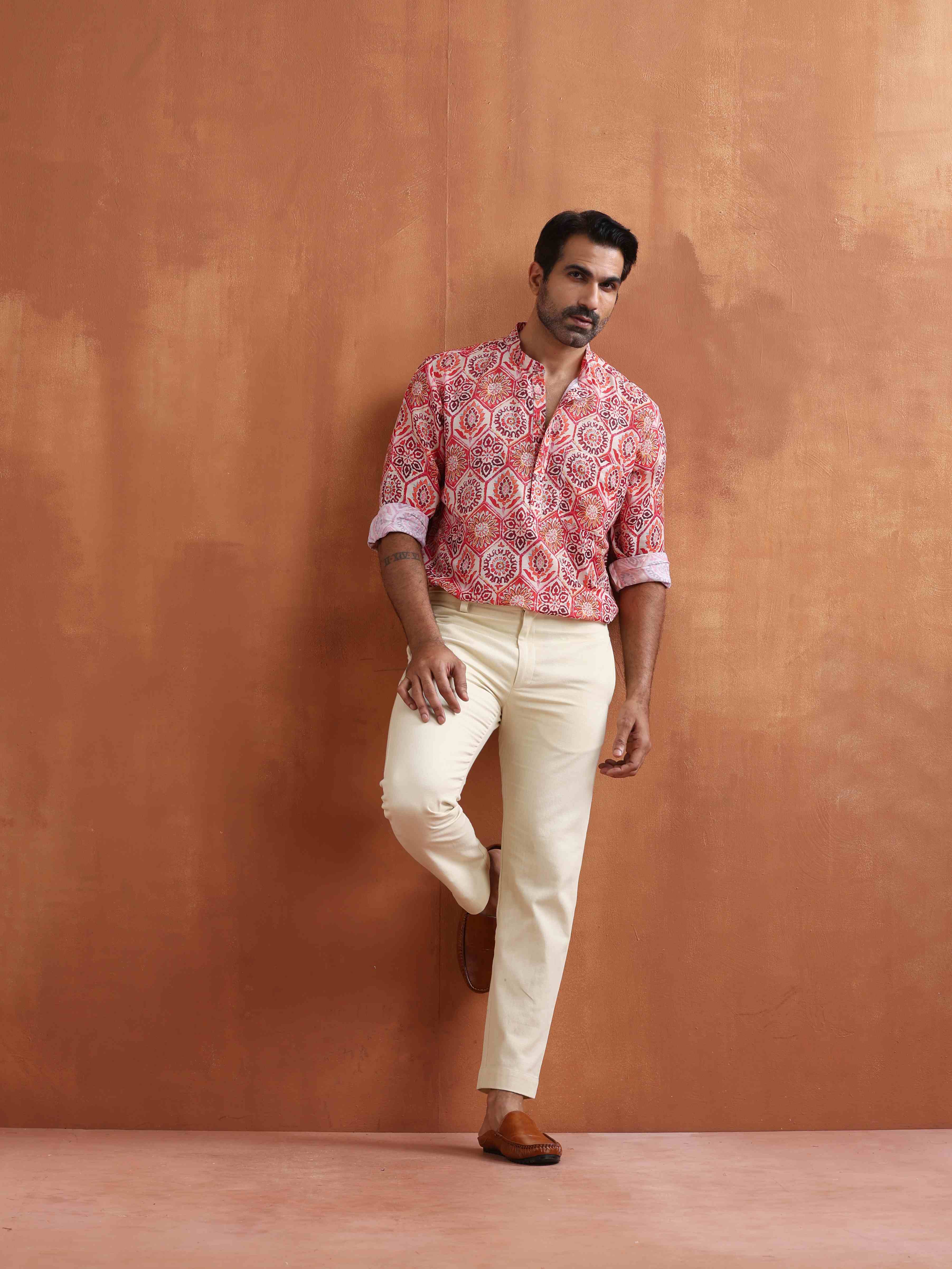 Men's Beige Printed Short Kurta