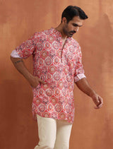Men's Beige Printed Short Kurta