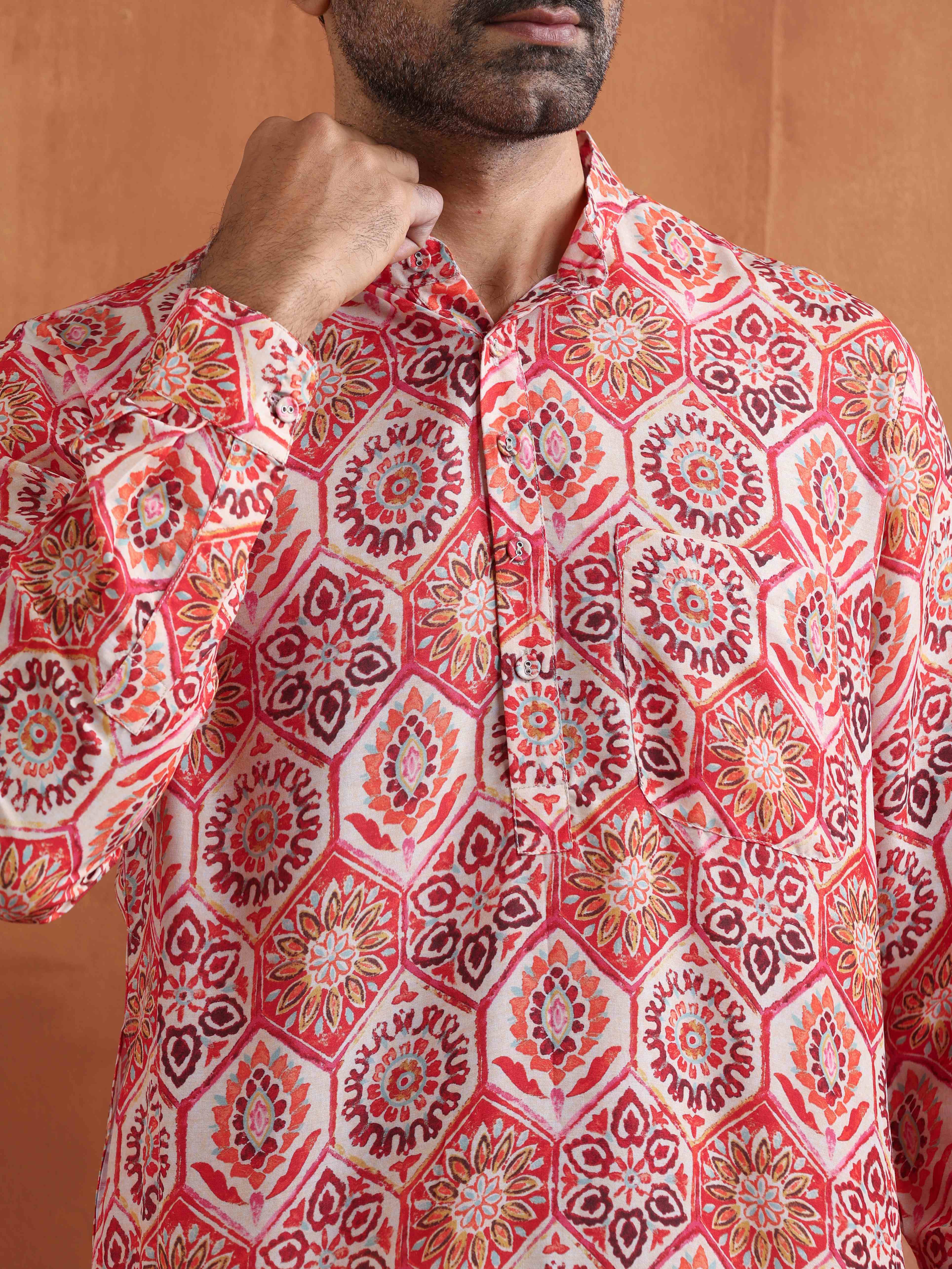 Men's Beige Printed Short Kurta