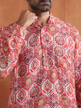 Men's Beige Printed Short Kurta
