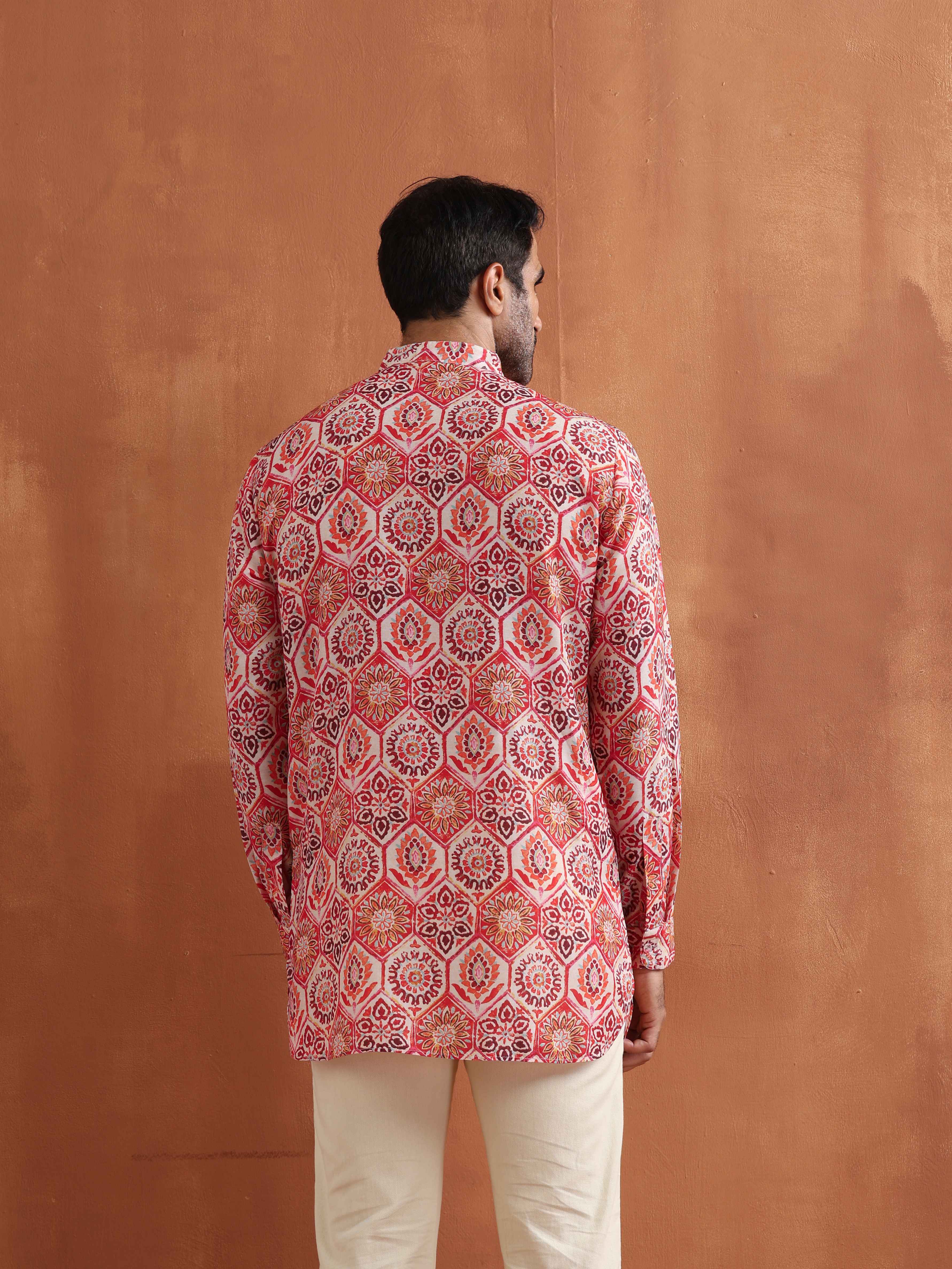 Men's Beige Printed Short Kurta