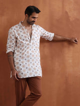 Men's Ivory Printed Short Kurta