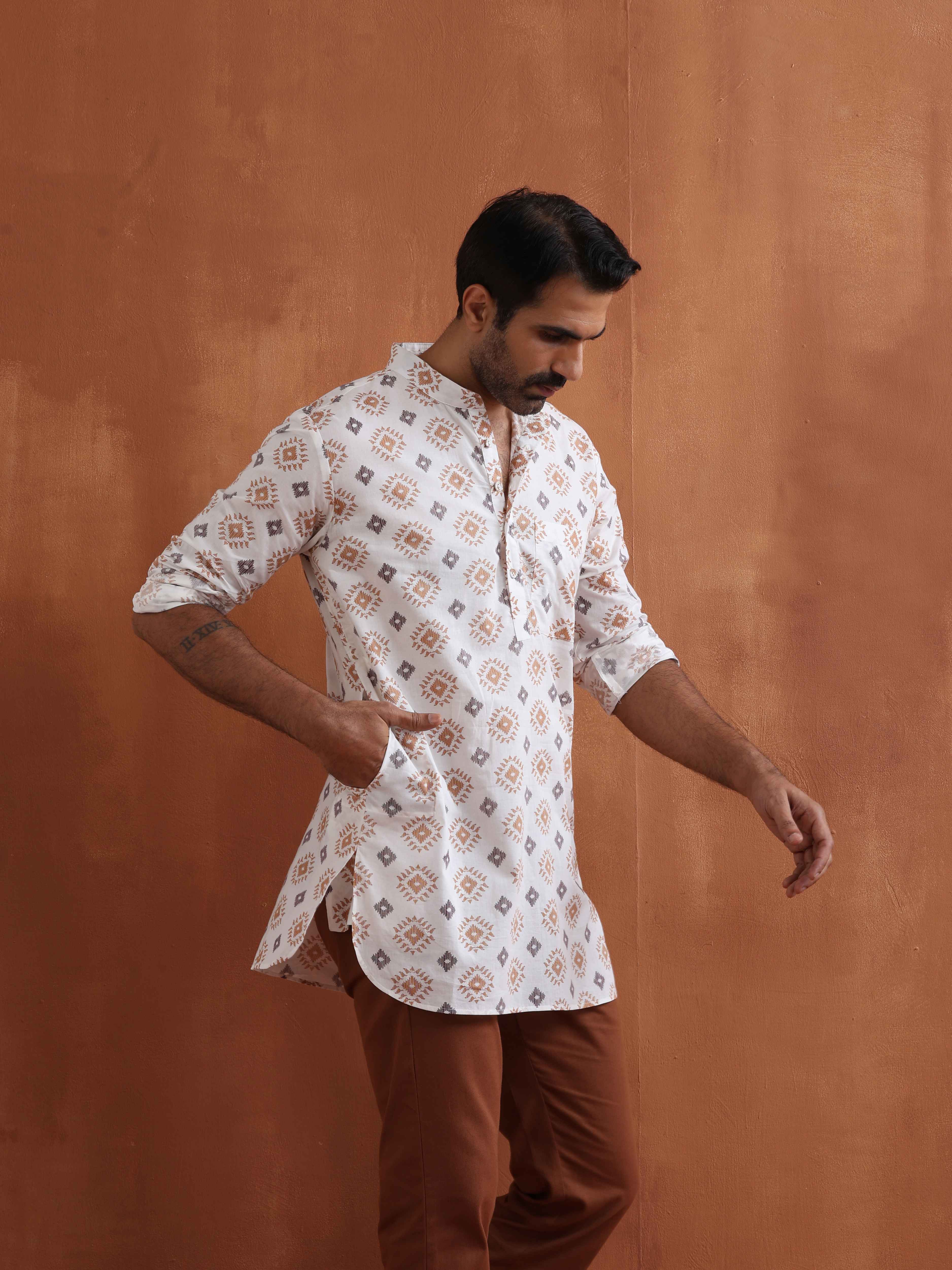 Men's Ivory Printed Short Kurta