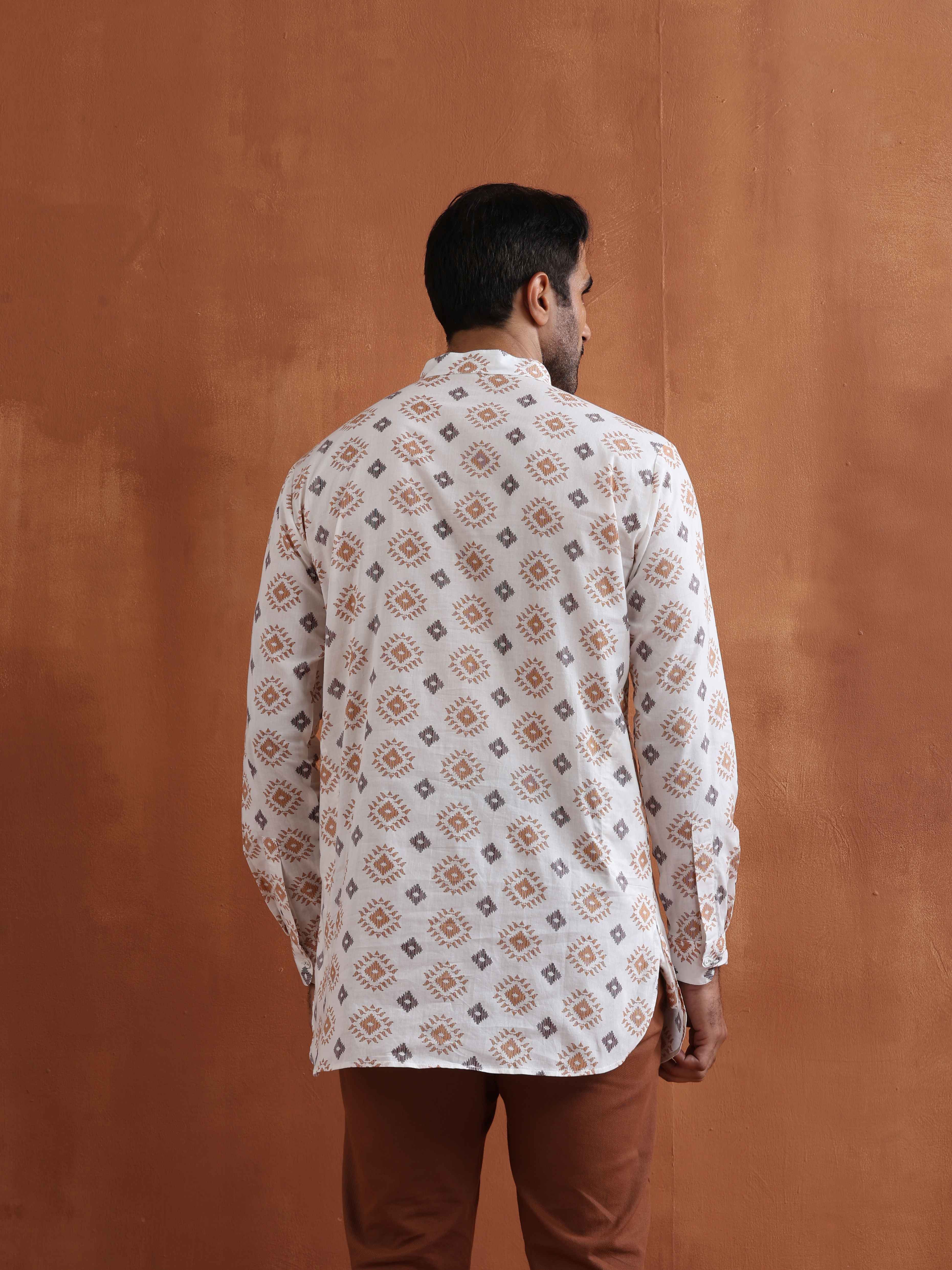 Men's Ivory Printed Short Kurta