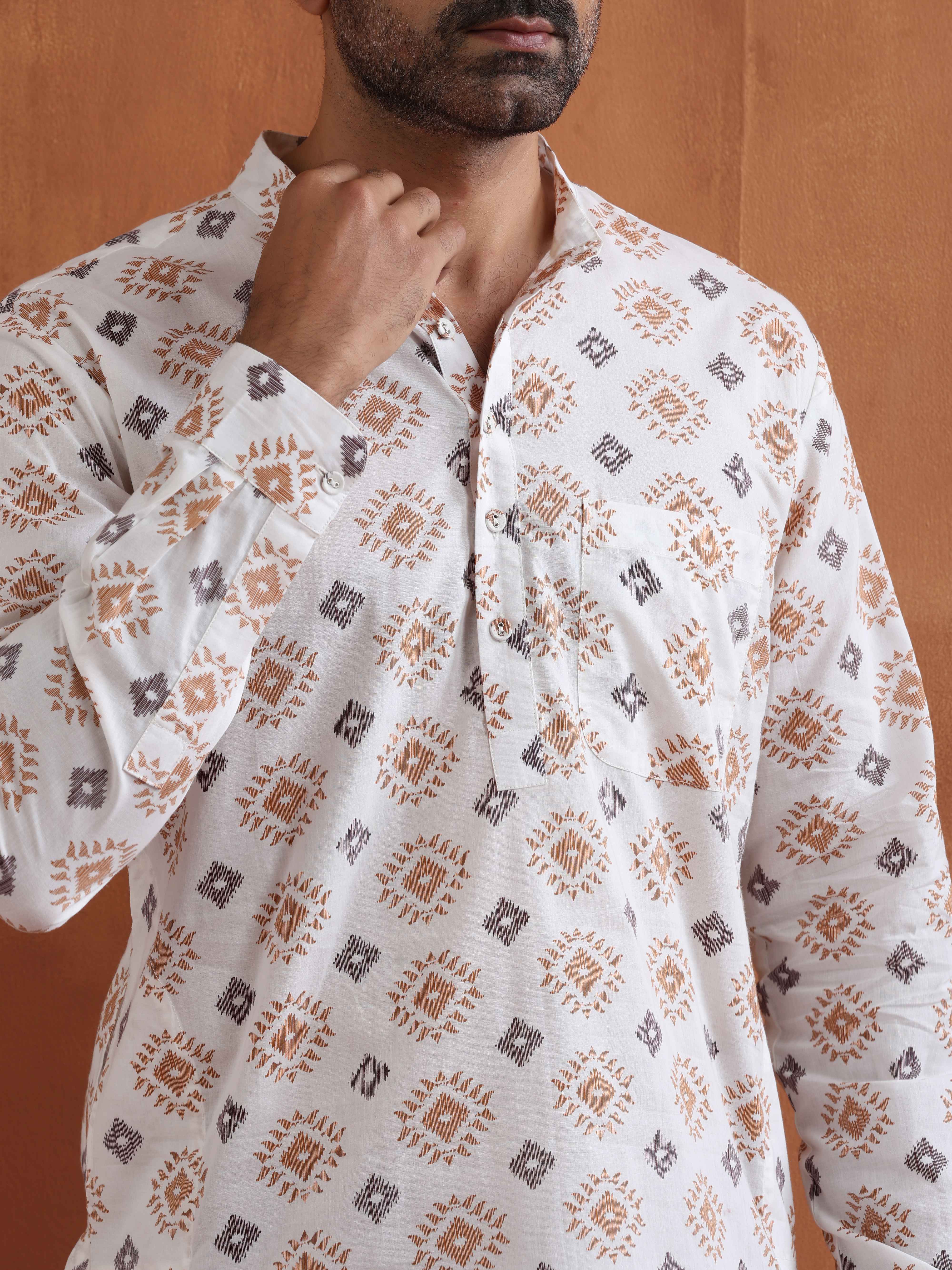 Men's Ivory Printed Short Kurta