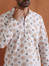 Men's Ivory Printed Short Kurta