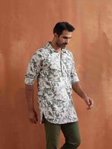 Men's Off White Printed Short Kurta