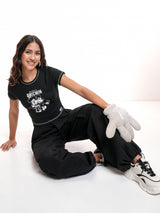 Women's Black Casual Graphic Regular Fit Half Sleeves Tshirt