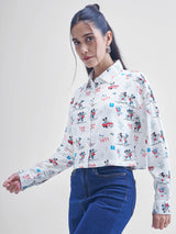 Women's White Casual Printed Oversized Fit Full Sleeves Shirt